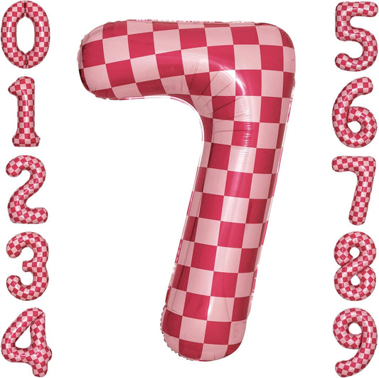 40 Inch Pink Checkered 7 Balloon Large Hot Pink Number Balloons for Girls 7th Birthday Decorations Pink Number 7 Balloon