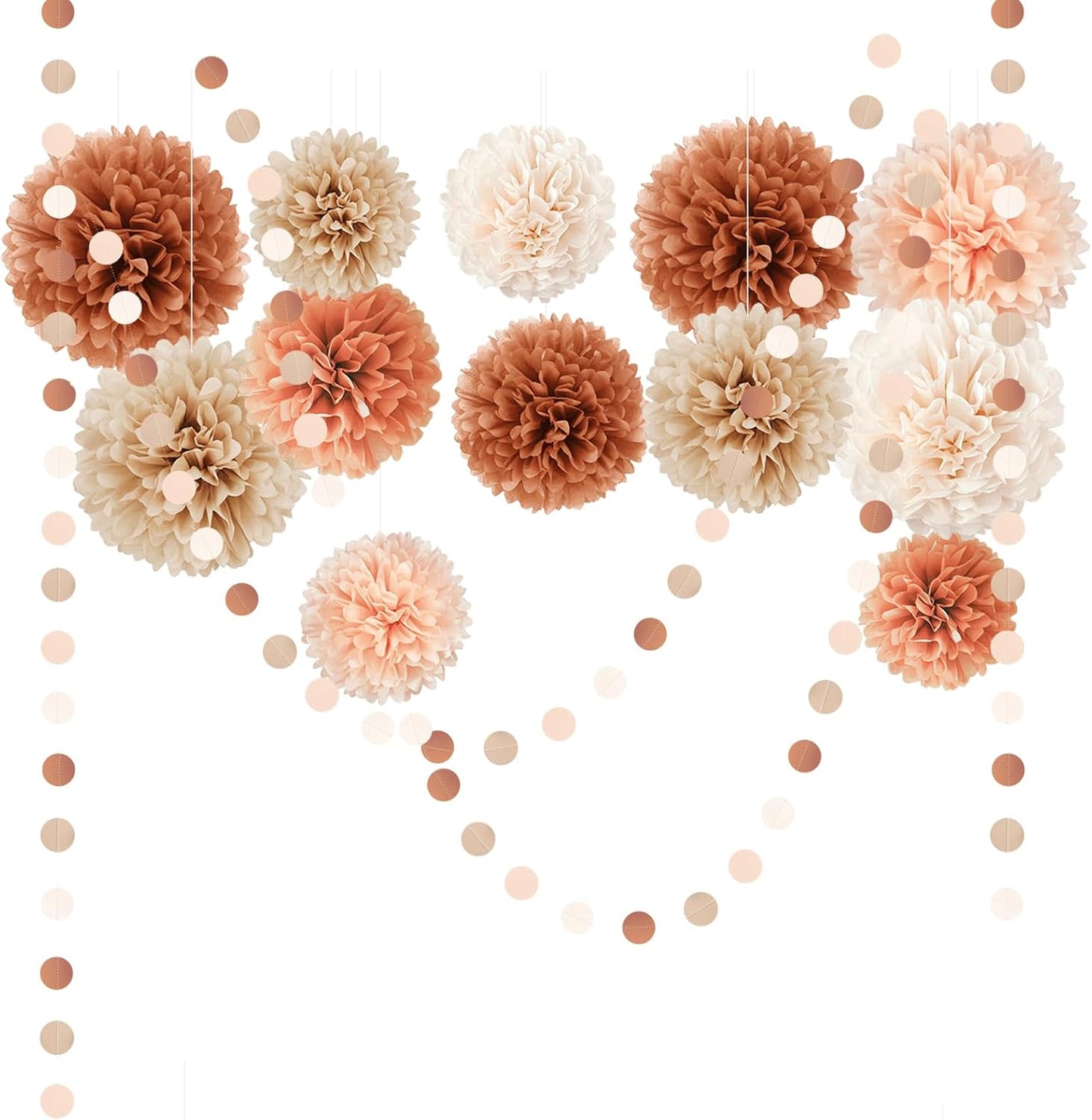 AOBKIAT Boho Fall Wedding Baby Shower Decorations,15PCS Brown Peach Tissue Paper Pom Poms,Circle Dots Colorful Paper Garland String Hanging Backdrop for Birthday Party,Retro Bridal Shower Engagement