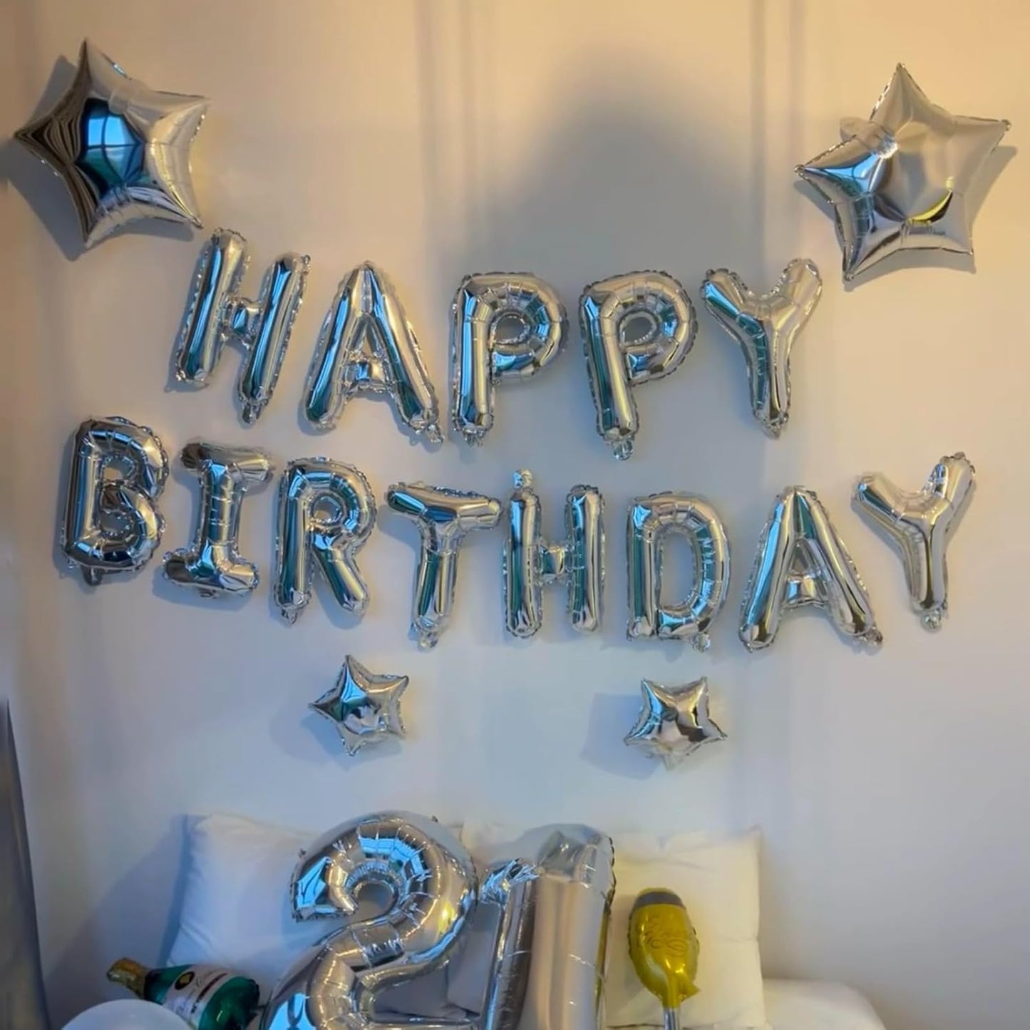 Silver Happy Birthday Balloon Banner, 16 Inch Mylar Foil Letter Balloons, Reusable Birthday Decorations with Silver Star Foil Balloons, Inflatable Party Supplies for Men Women Boys Girls Decoration