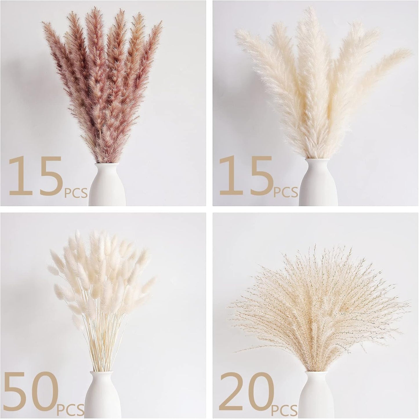 Natural Dried Pampas Grass Decor, 100 PCS Pampas Grass Contains White Bunny Tails Dried Flowers, Reed Grass Bouquet for Wedding Boho Flowers Home Table Decor, Rustic Farmhouse Party (17”)