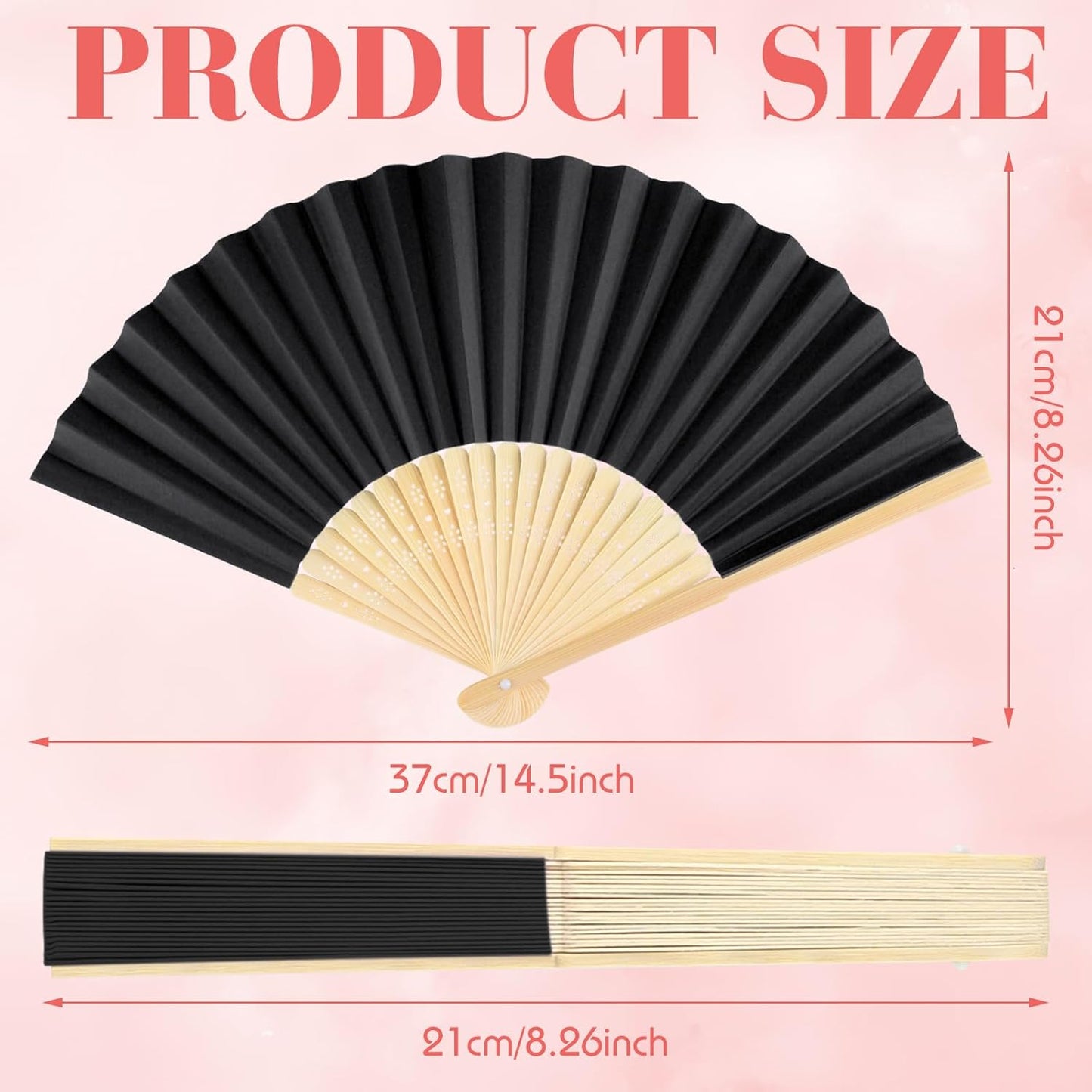 24 Pieces Black Hand Held Bamboo Folding Fans Paper Fans Handheld for Women Foldable Girls Wedding Decoration Church Home Party Favors Summer