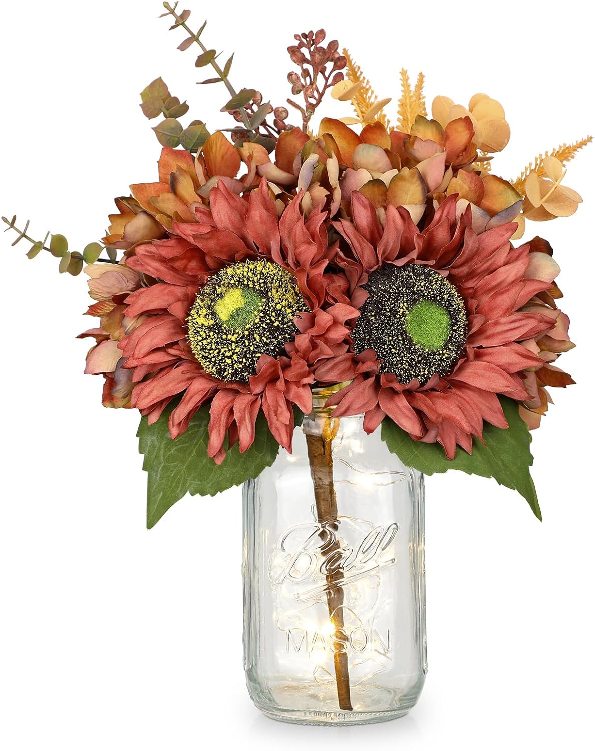 Silk Sunflowers Artificial Flowers with Mason Jar Centerpiece for Table Orange Red Fall Flowers in Vase Fall Floral Arrangement with Vase Thanksgiving Centerpiece for Dining Room Table Autumn Decor