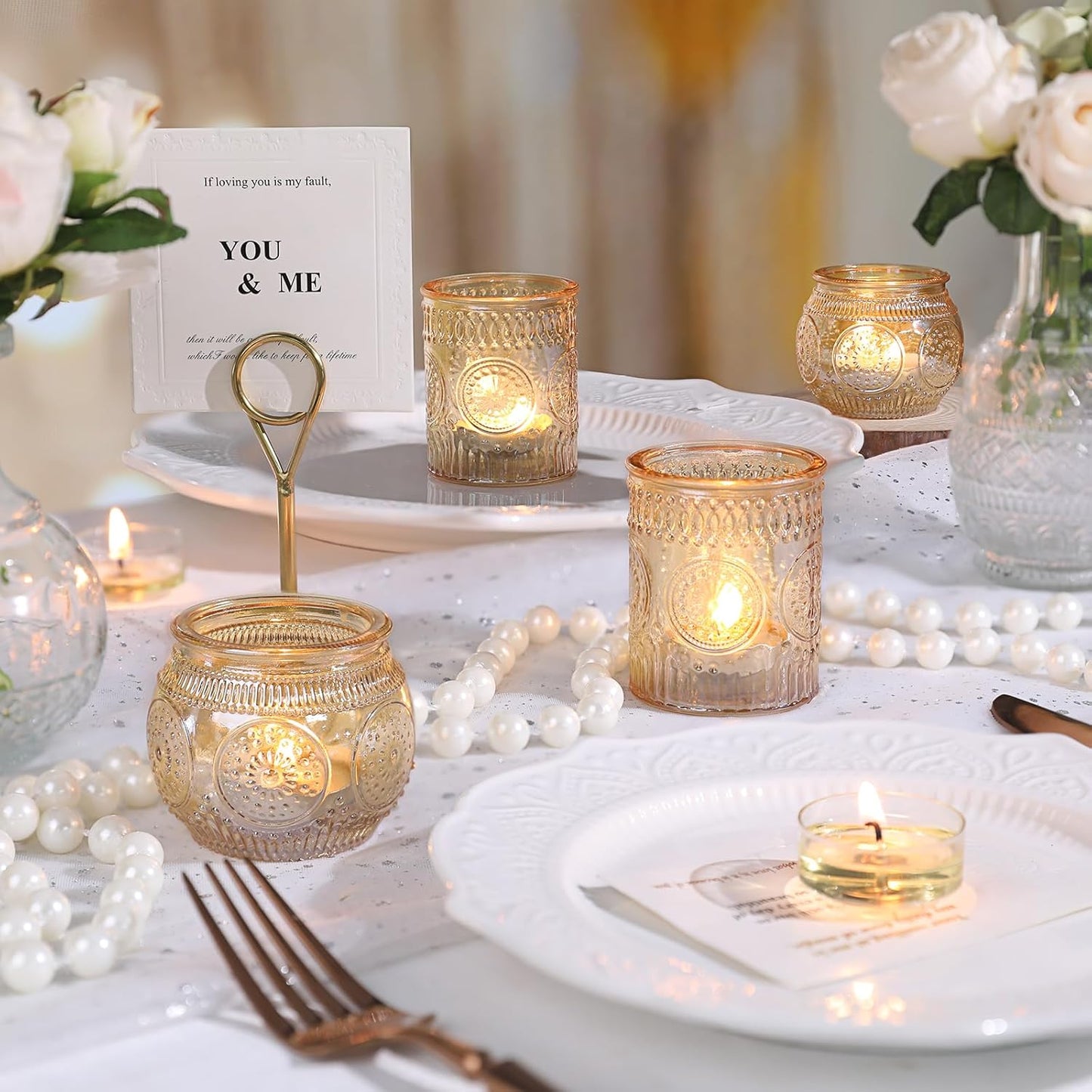 DARJEN 12Pcs Gold Votive Candle Holders - Glass Candle Holder for Table Centerpiece, Tea Lights Candle Holders for Home, Party & Wedding Shower Decoration