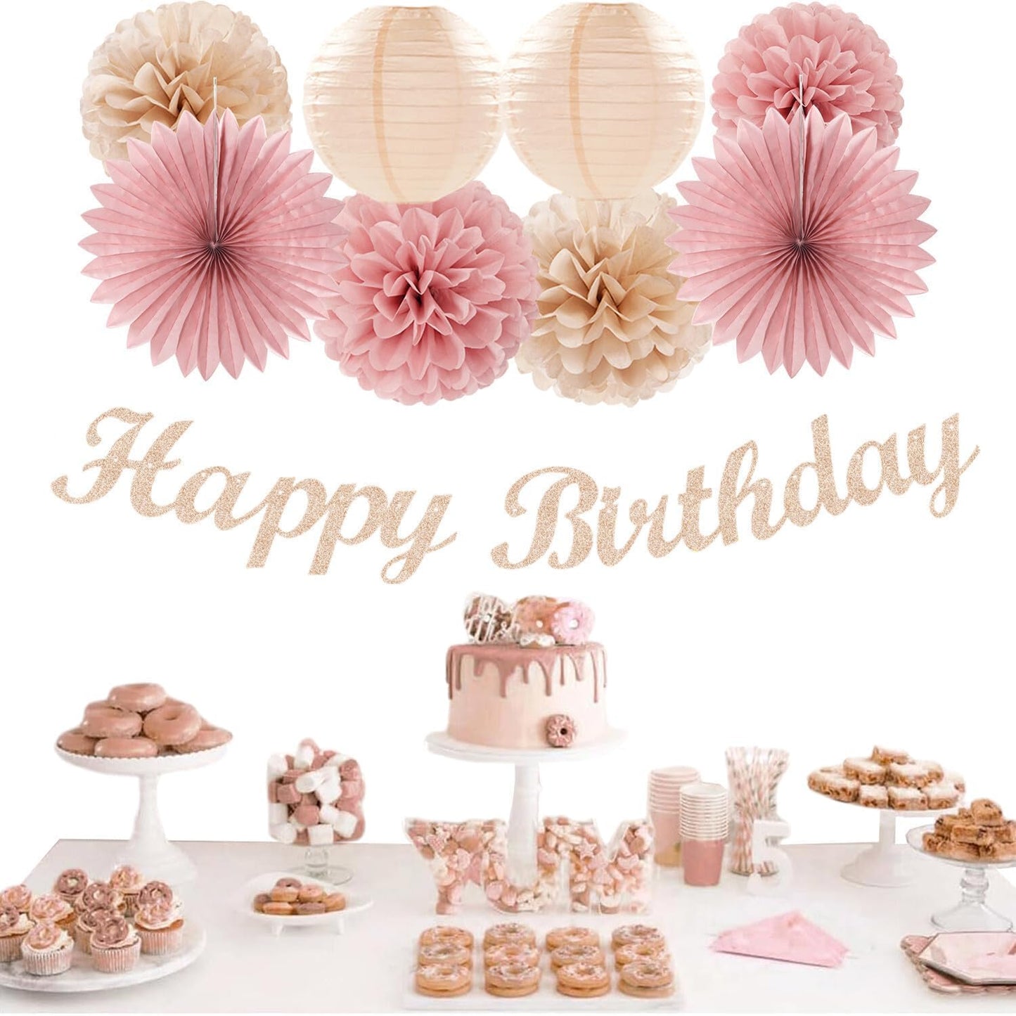 Blush-Pink Champagne Beige Happy-Birthday Party-Decorations - 31pcs 15th Women Girls Paper Lanterns Streamers Banner,Rose Gold Tissue Flowers Pom Poms Fans Tassels Graland Decor Supplies Hugmoon