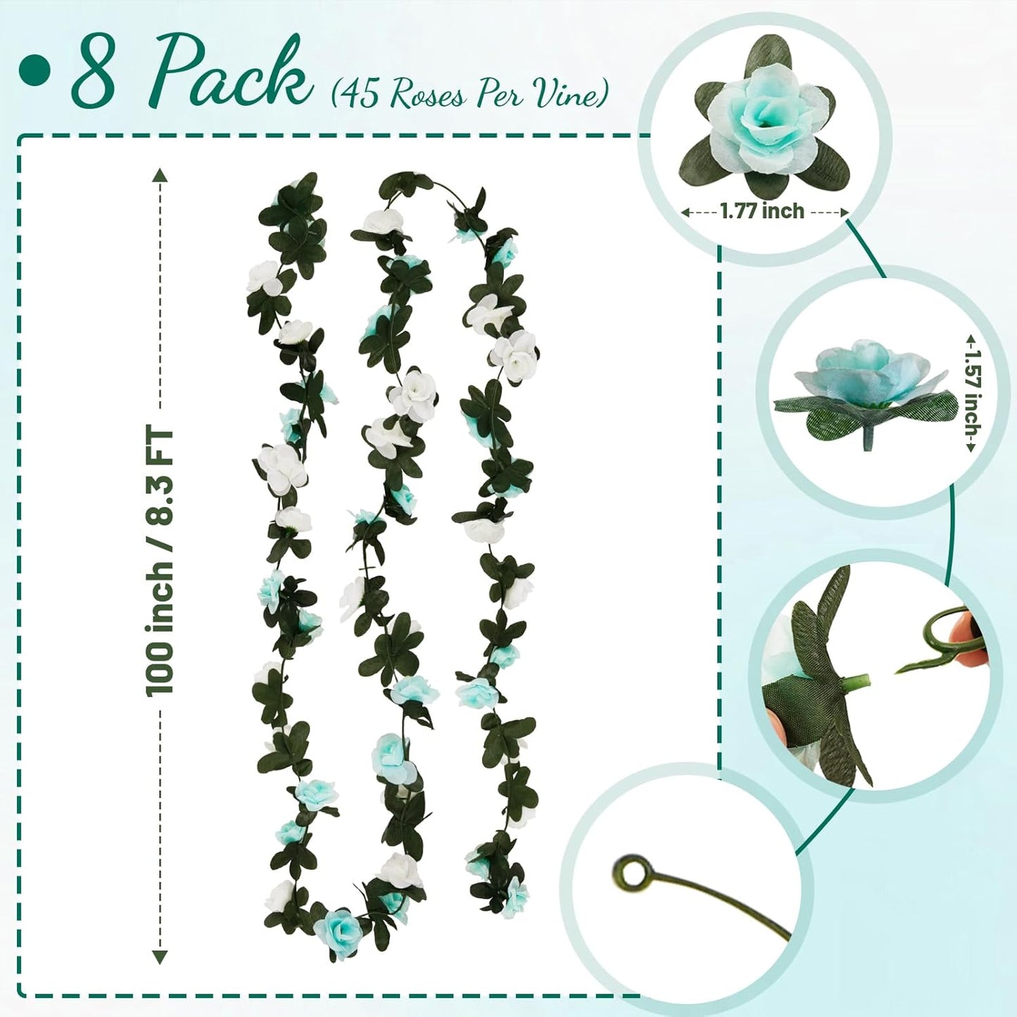 8 Pcs 65.6 Ft Flower Garland Rose Vines, Rose Garland for Decoration, Flower Vine for Room Table Birthday Wedding Party Garden Wall Decor