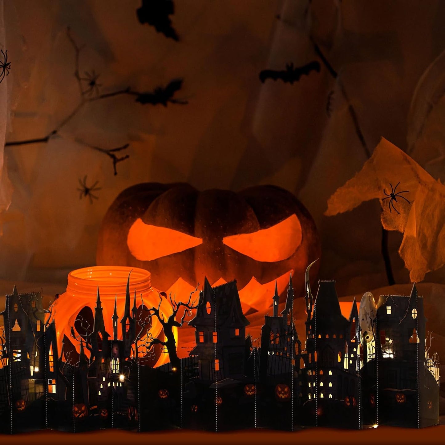 Geyoga Halloween Pop-up Card with 2 LED Lights 40" Halloween 3D Greeting Card Long Enchanted Eerie Village for Table Centerpiece Party Decoration