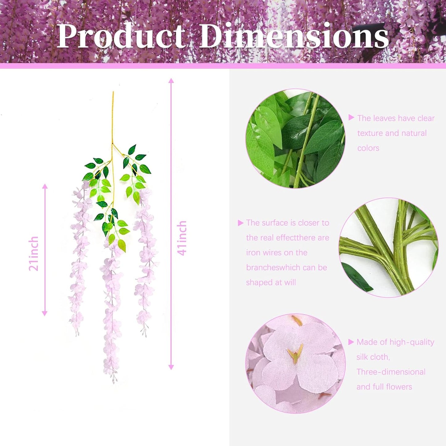 36 Pack Pink Wisteria Hanging Flowers, 3.44 Ft Fake Hanging Flowers, Artificial Wisteria Garland Vines for Wedding Room Backdrop Outdoor Patio Garden Decoration