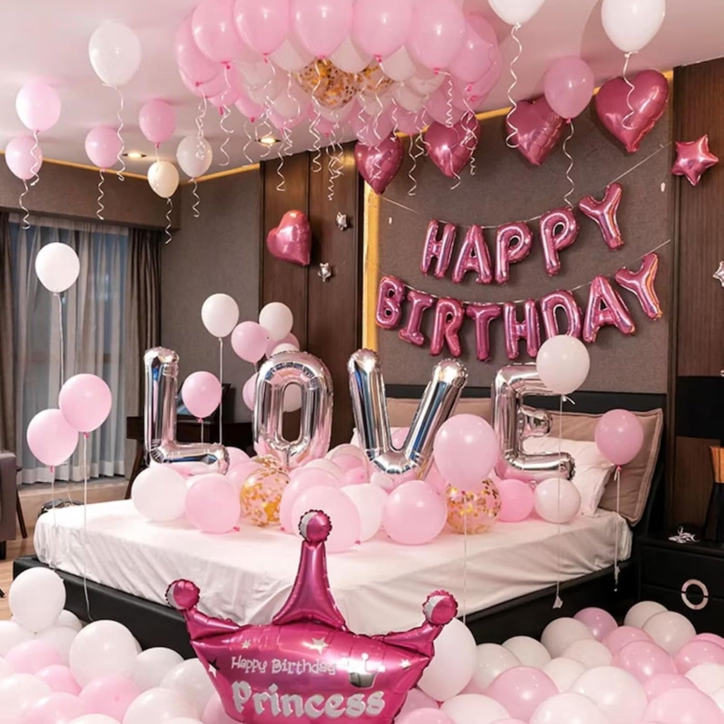 Happy Birthday Balloon Banner, 16 Inch Light Pink Mylar Foil Letter Balloons, Reusable Birthday Decorations with Pastel Pink and Silver Star Balloon, Inflatable Party Supplies for Women Girls Decor
