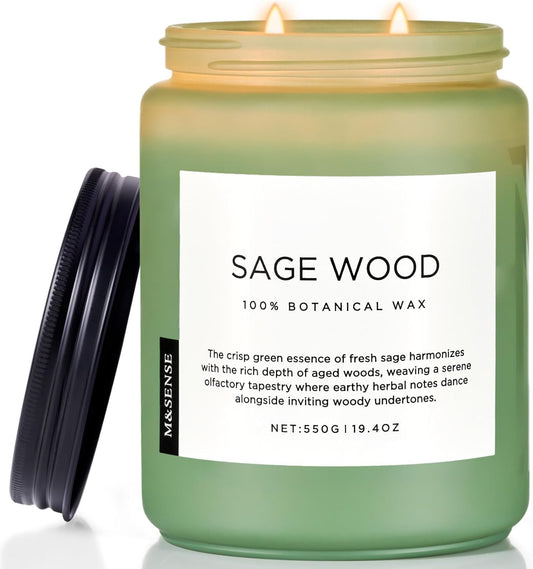 M&SENSE Sage Wood Scented Candle, 19.4oz 110 Hours Long Lasting Clean Non Toxic All Natural Soy Wax Candle for Relaxing & Stress Relief, 2 Wick Home Fragrance Gifts for Home Decor