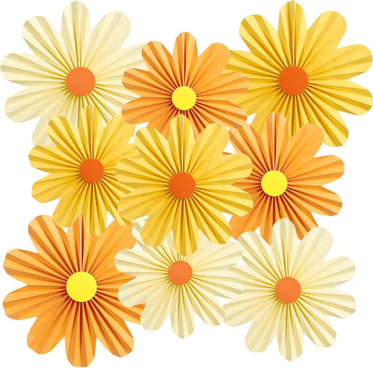 SUNBEAUTY 9 PCS Orange Paper Flowers Decorations for Wall Paper Fans Daisy Decoration Paper Floral Backdrop Decor Paper Fans Decoration