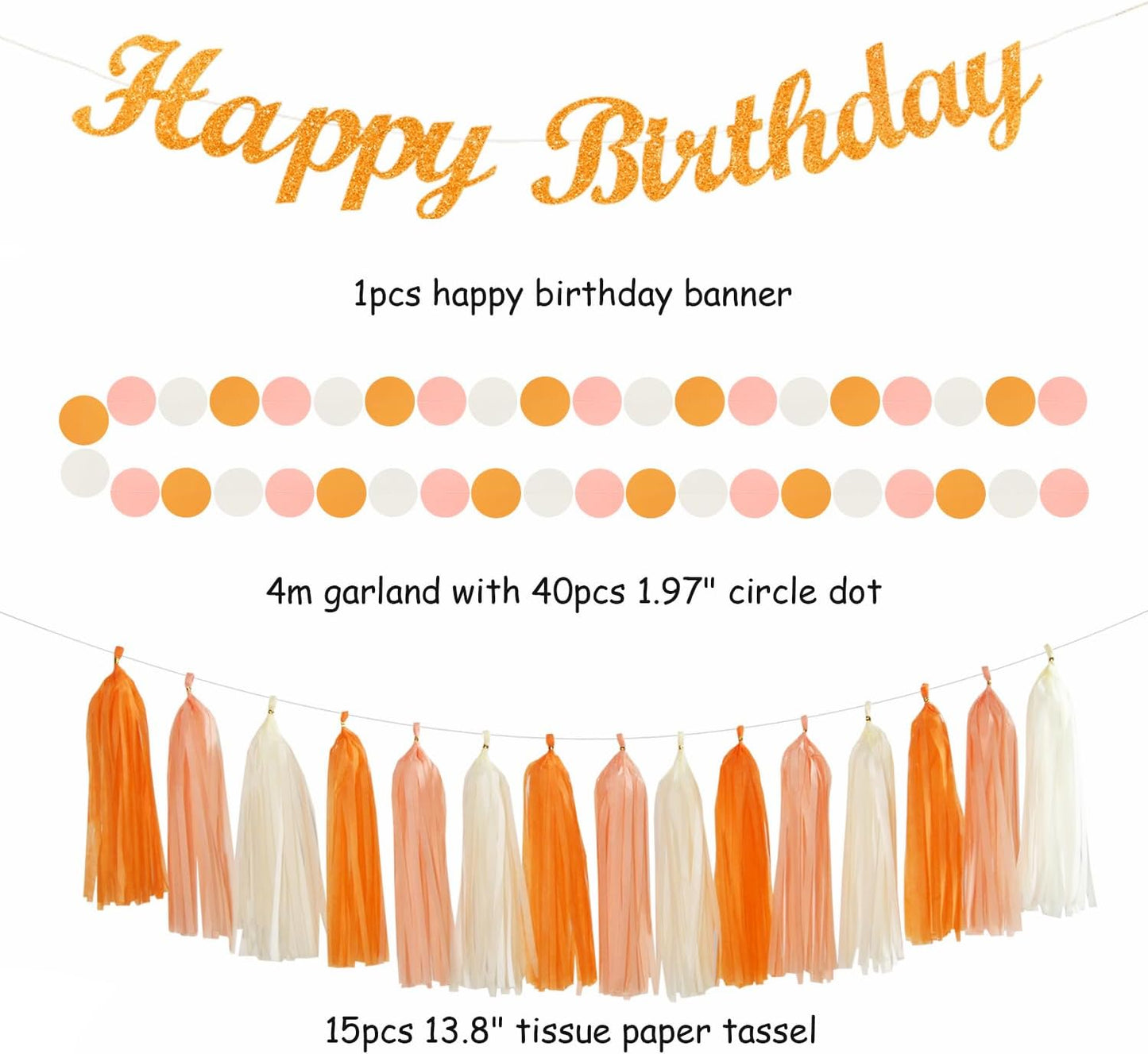 Orange-Peach Beige First Happy-Birthday Party-Decorations - 31pcs 20th Women Girls Bohemian Groovy Paper Lanterns Streamers Banner,Tissue Pom Poms Decor,Fall Boho Fans Tassels Graland Backdrop Hugmoon