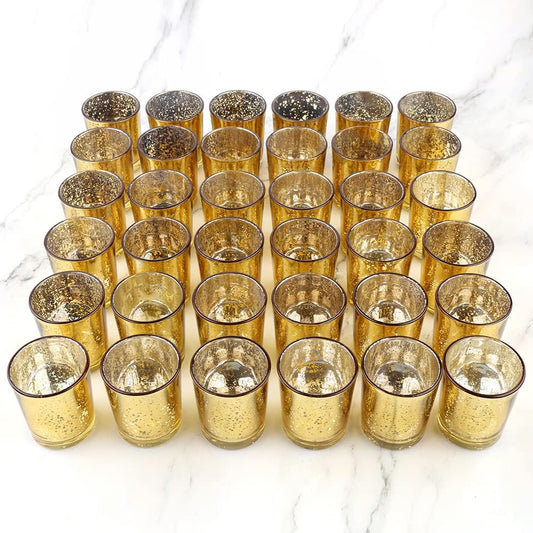 Gold Mercury Glass Tea Light Holders Set of 36 - Elegant Votive Candle Holders for Weddings, Showers and Home Decor - Perfect for Table Centerpieces and Parties (Glass, Gold)