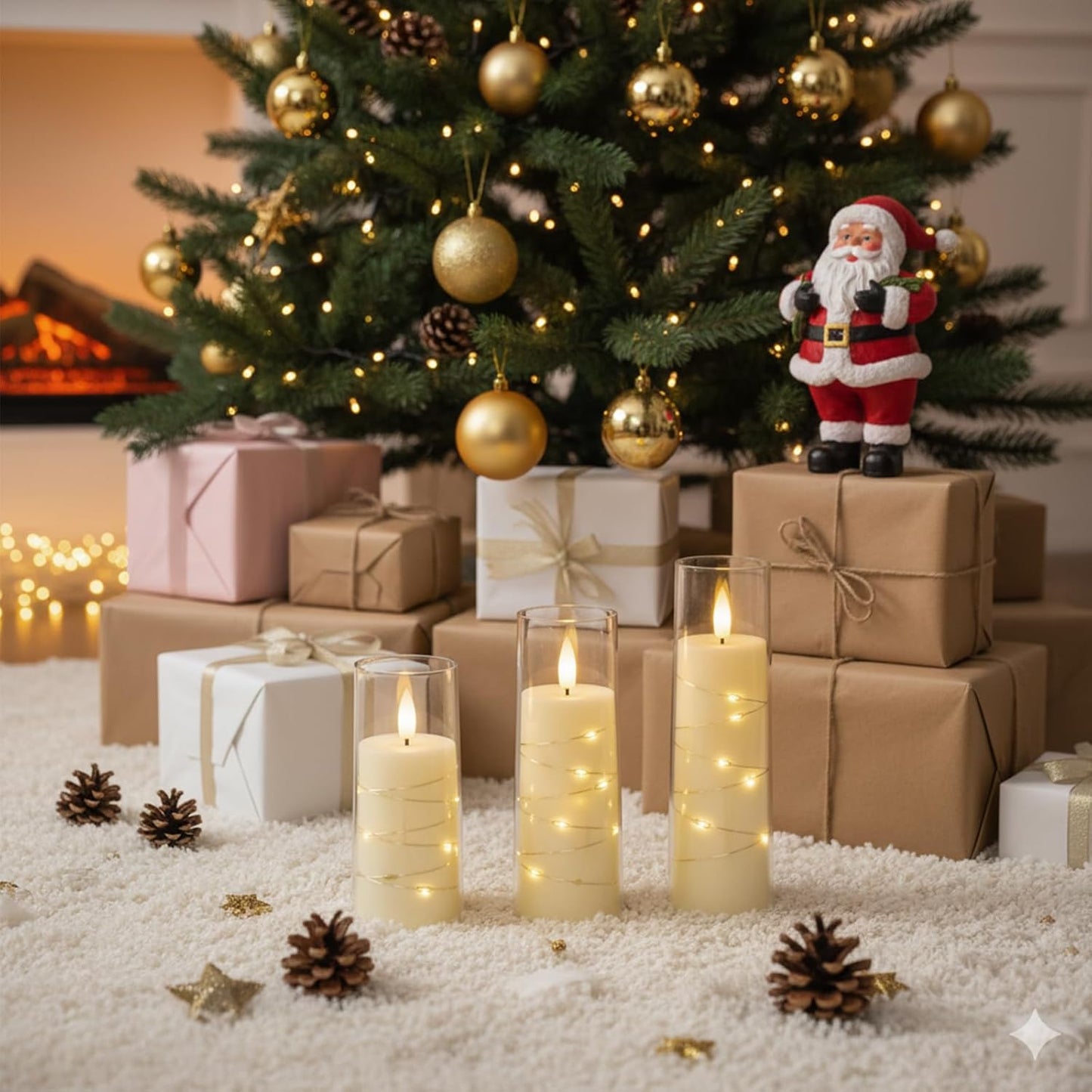 Raycare Flameless Candle with Remote Timer – 5 Flickering Acrylic Battery Operated LED Pillar Candles with Embedded Star String for Halloween, Home Decor, and as a Gift(Ivory)