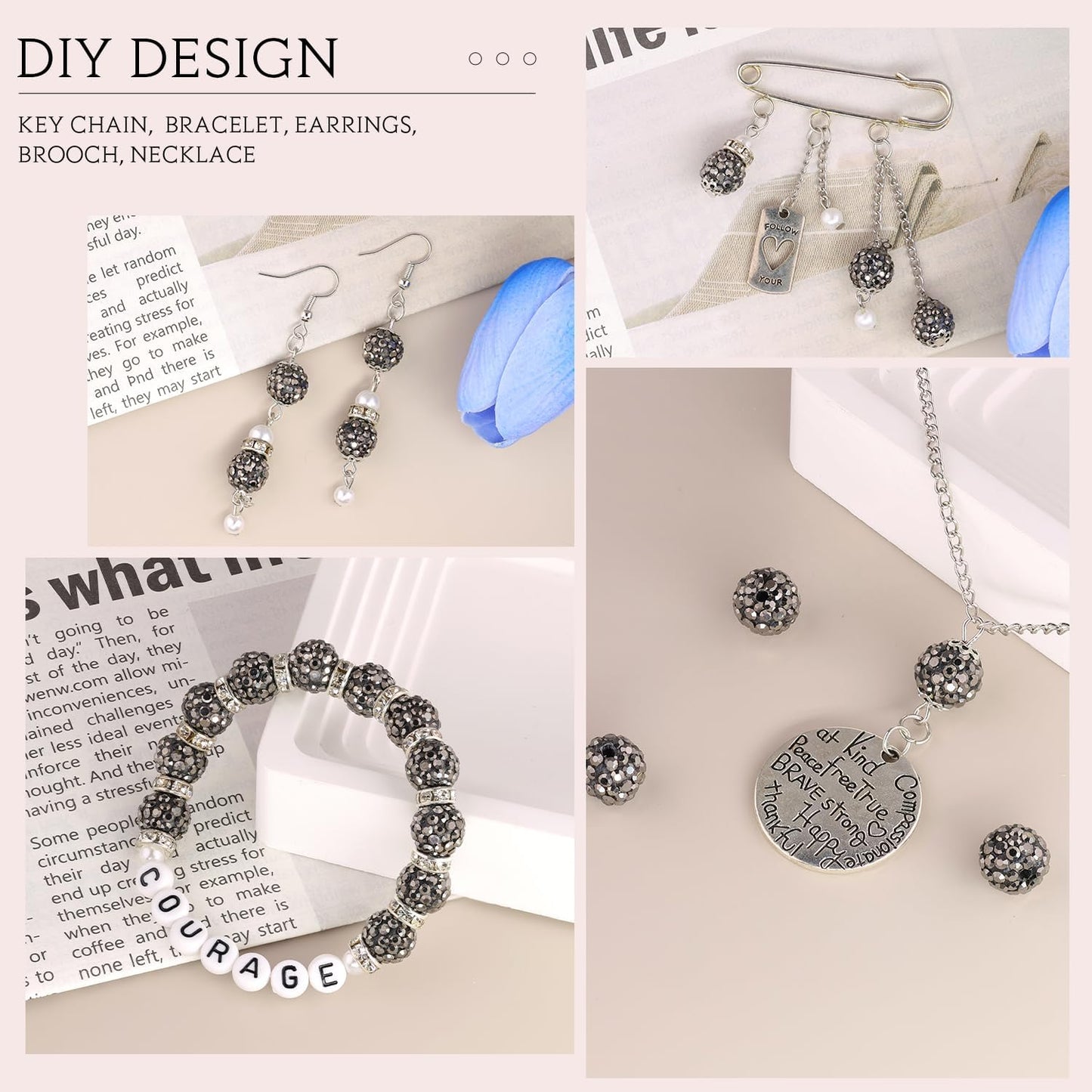 200pcs 10mm Hematite Rhinestone Beads for Jewelry Making, Shiny Round Shamballa Disco Ball Beads Bulk, Sparkle Crystal Clay Christmas for Bracelet Baseball Necklace Earring Crafting and DIY