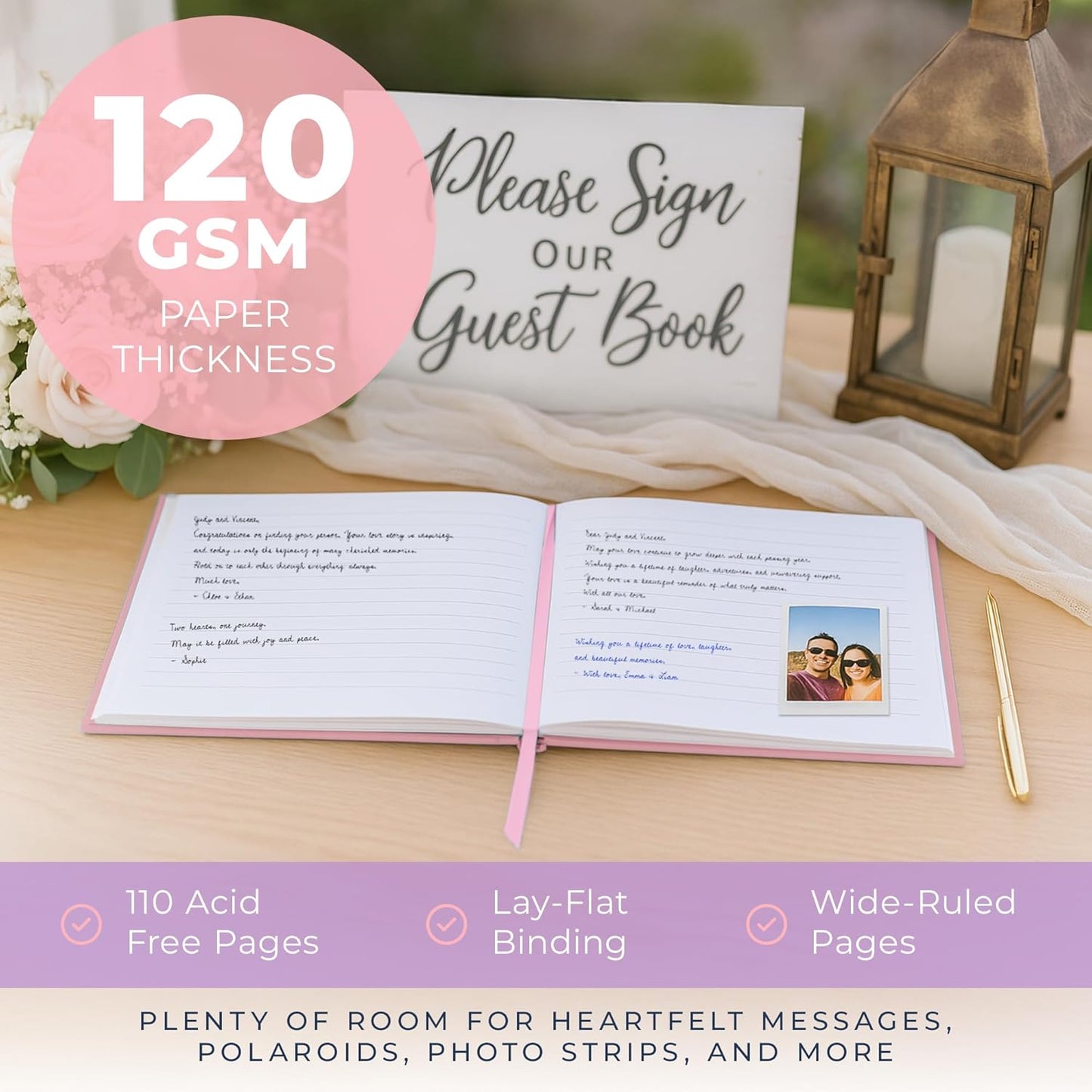 Promot Personalized Guestbook for Party (Pastel Pink) - 110 Lined Pages in Wood-Free Vegan Leather Hard Cover - Wedding Guest Book Sign in and Photos, Baby Shower, Birthday or Graduation