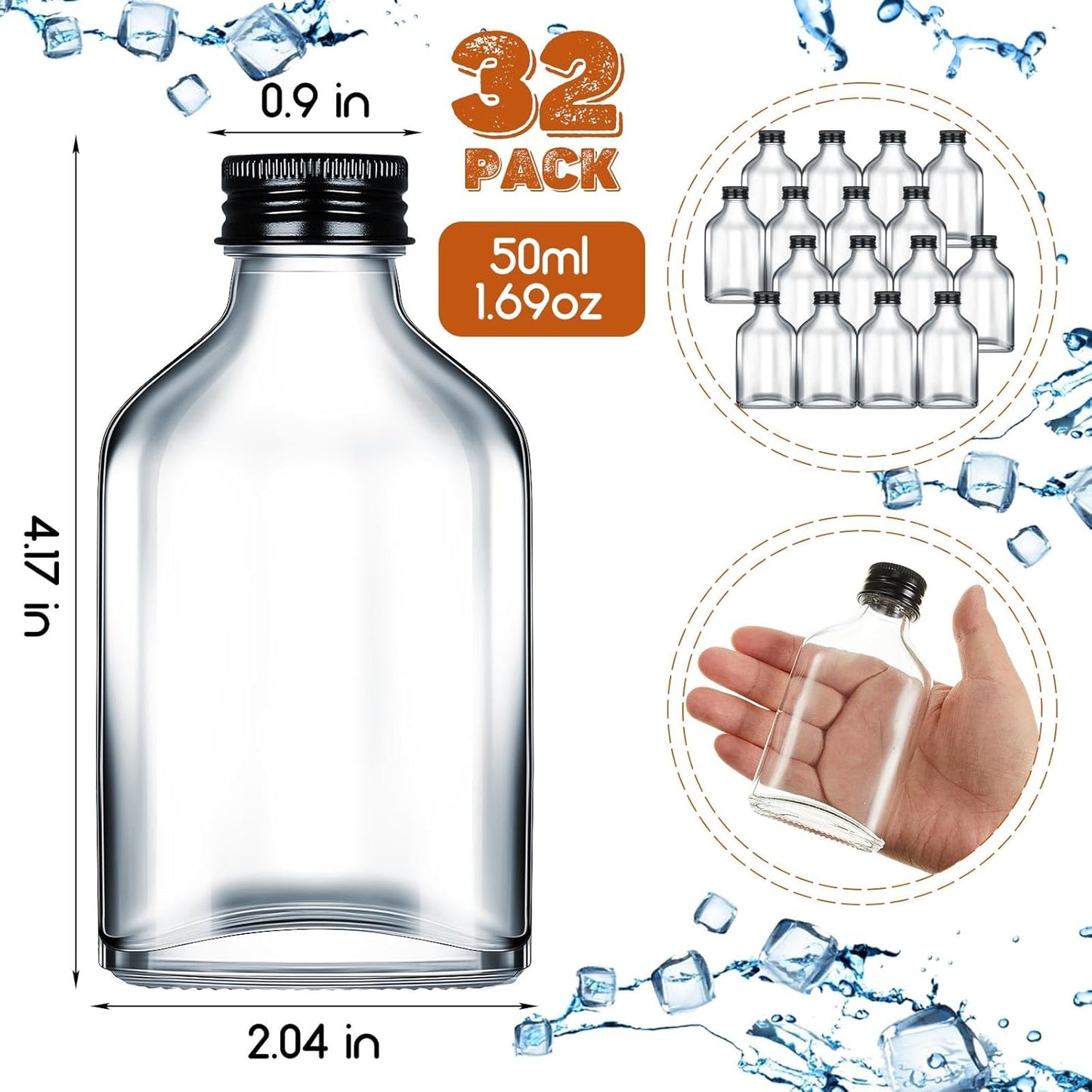 Patelai 32 Pcs Clear Glass Bottles with Caps Mini Glass Flask Liquor Bottles Empty Alcohol Shot Bottling Small Champagne Container DIY Gift for Wine Beverages Liquor Drinks Oil Beer (50 ml/ 1.7oz)