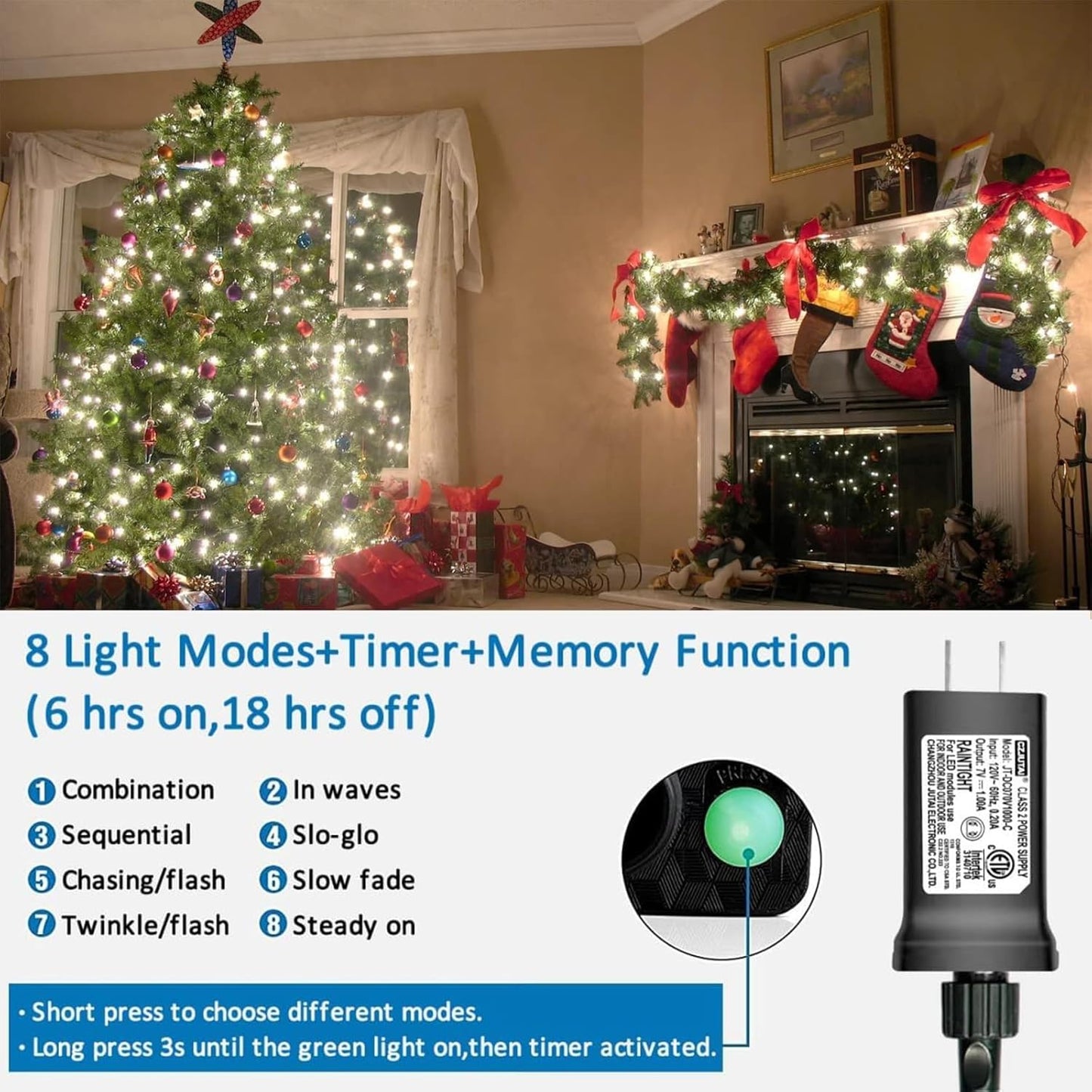 YEGUO 165ft 500 LED Christmas Lights Outdoor Waterproof, White String Lights Indoor, Green Wire Twinkle Tree Light Plug in with 8 Modes Timer Memory