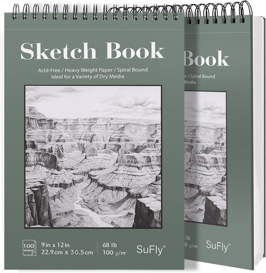 SuFly 9"x12" Drawing Paper, Pack of 2, 100 Sheets Each, Top Spiral Sketch Pad, 68lb/100gsm, White.