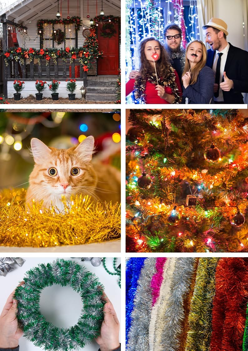 Mandala Crafts Hot Pink Tinsel Garland - Thin Metallic Foil Glitter Mini Garland for Christmas Tree, Party, Wedding Decor, and Holiday Decorations