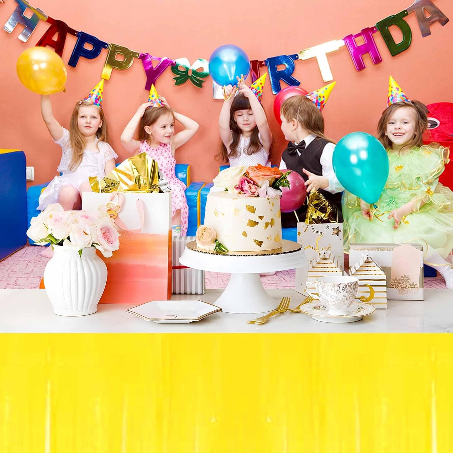 3 Pack 29 x108 Inch Macaron Yellow Foil Fringe Table Skirts Metallic Banner for Tinsel Streamer Garland Backdrop for Parade Floats Mother's Day, Graduate, Birthday, Wedding Party Decoration