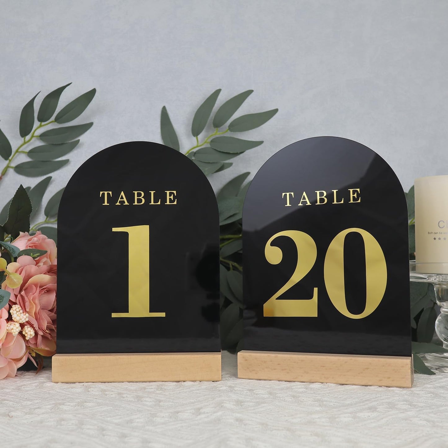 Wedding Table Numbers 1-20, Acrylic Arch Signs with Natural Wood Stands Holders, Rustic Table Decor for Reception & Parties (Black Gold)