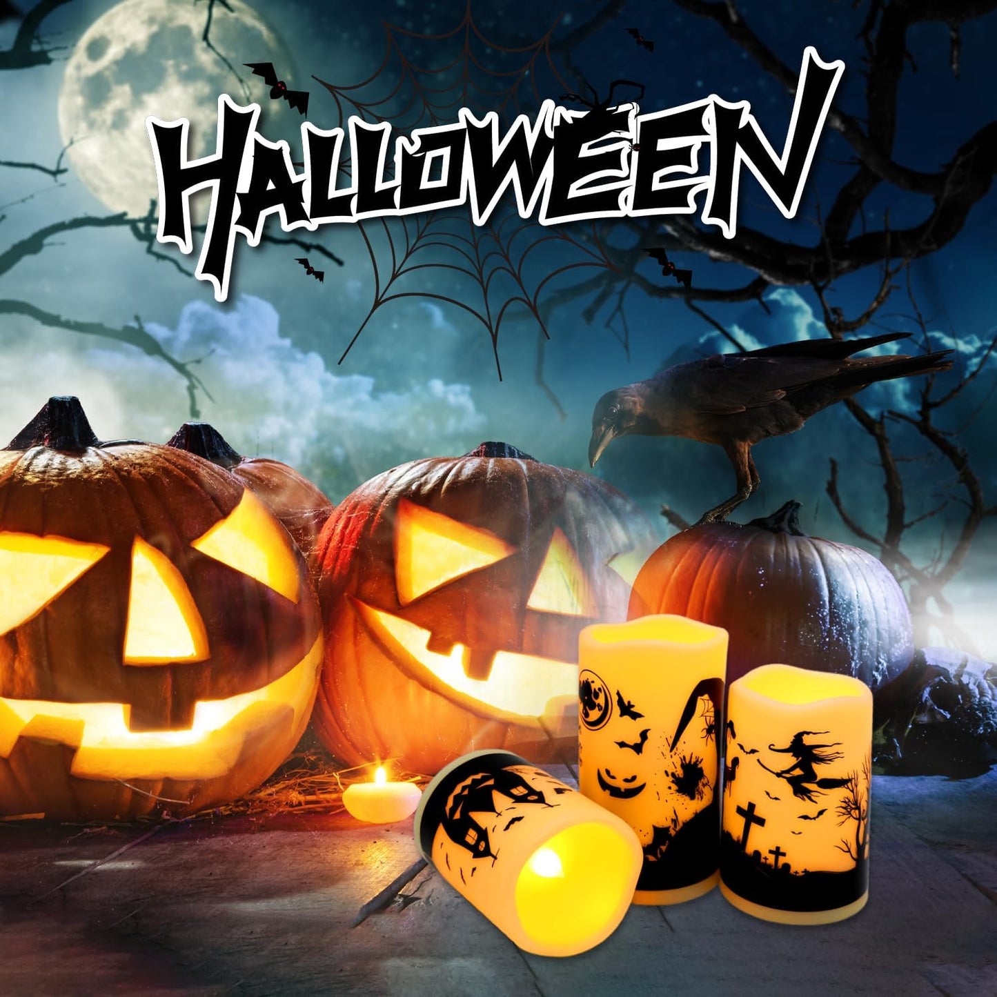 12-Pack Halloween LED Flameless Pillar Candles - Battery Operated with Remote & Timer, Flickering Warm Light, Witch/Bats/Castle Decals - Spooky Halloween Decor, Ghost Party Supplies, Gifts