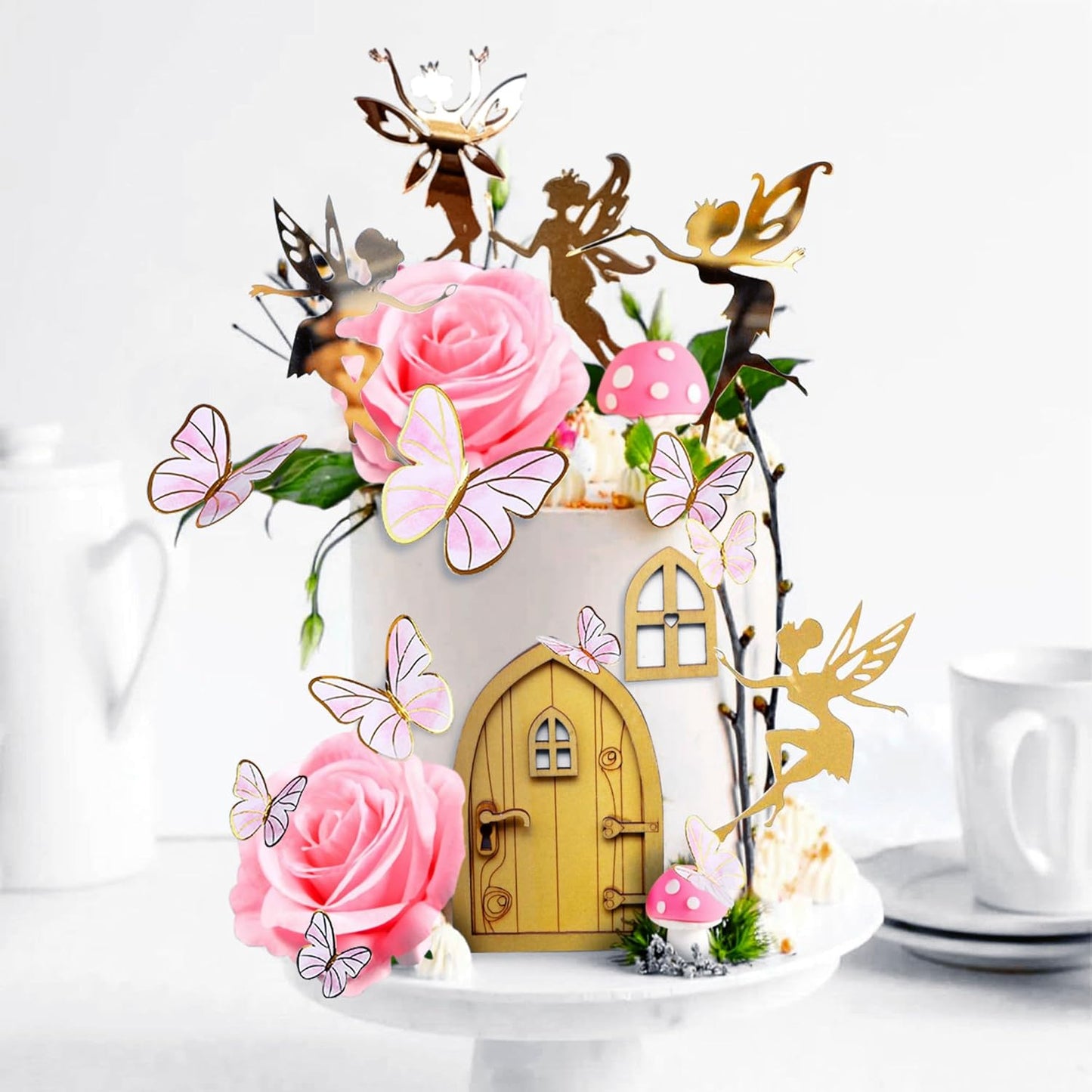 JeVenis Pink Fairy Cake Decoration Mushroom Cake Decoration Fairy Cake Decoration Garden Fairy Cake Decoration Fairy Party Supplies Fairy Party Favors