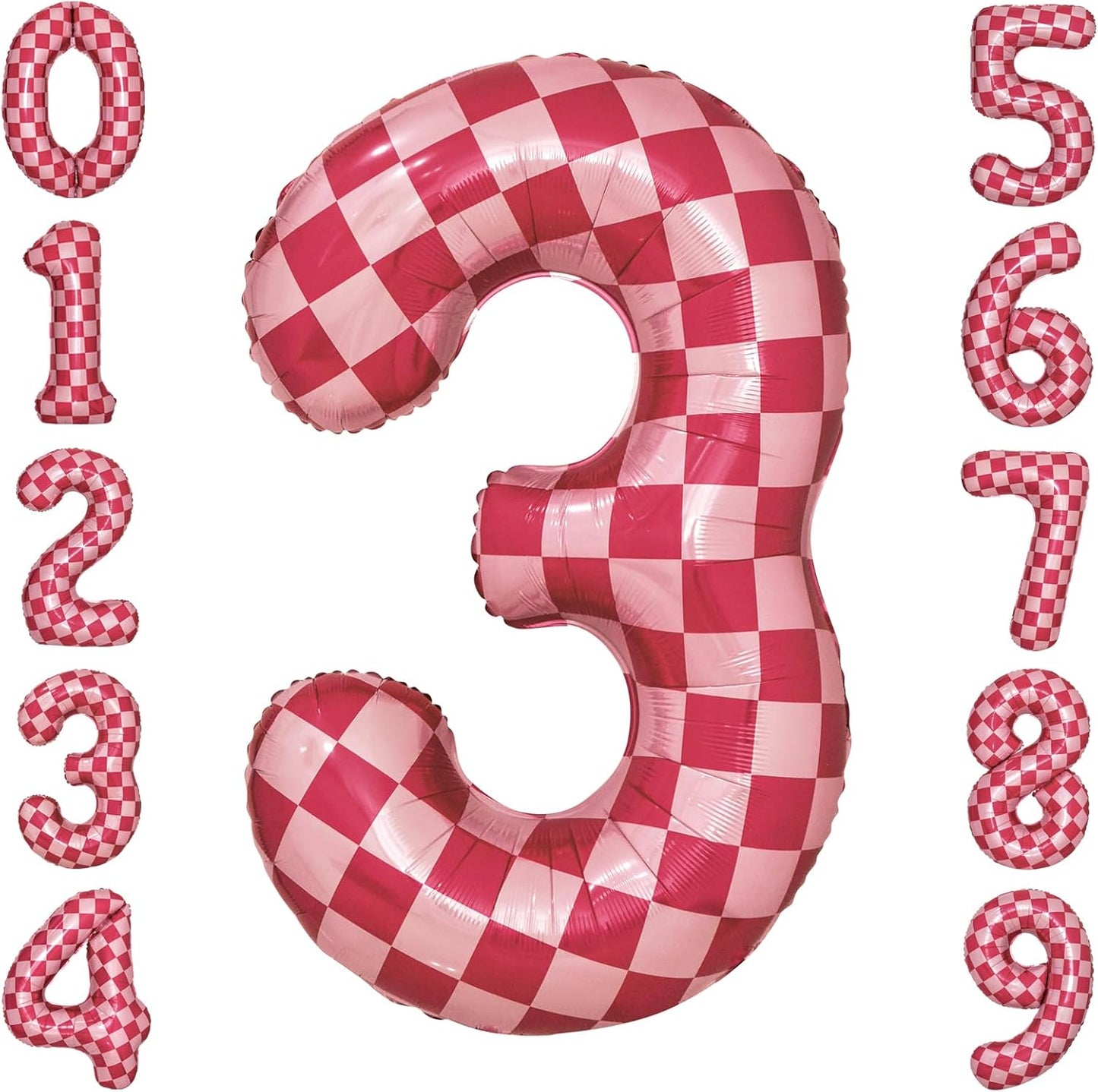 40 Inch Pink Checkered 3 Balloon Large Hot Pink Number Balloons for Girls 3rd Birthday Decorations Pink Number 3 Balloon