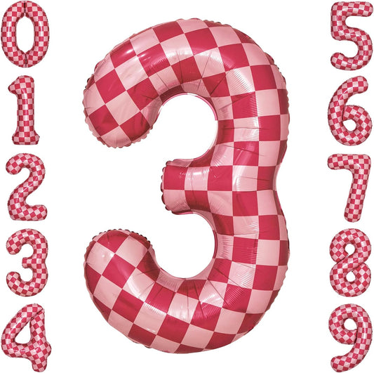 40 Inch Pink Checkered 3 Balloon Large Hot Pink Number Balloons for Girls 3rd Birthday Decorations Pink Number 3 Balloon