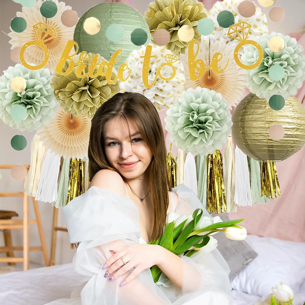 Bridal Shower Decorations Sage Green and Gold Bachelorette Party Decorations Bride to Be Banner Gold Sage Green Paper Pom Poms Lanterns Fans Beige Kit with Beige White Tassel Garland for Wedding