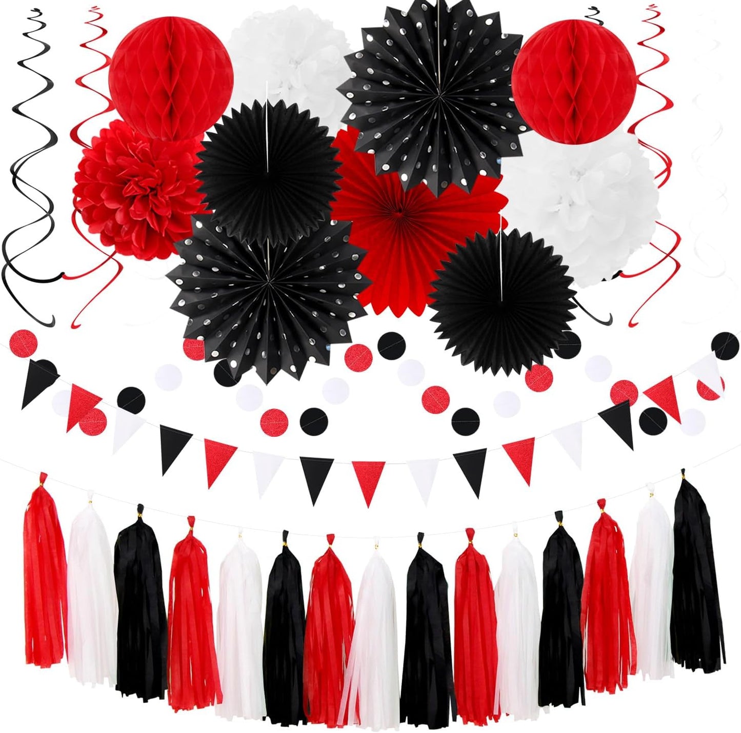 Black White-Red Party-Decorations - 33pcs Birthday Banner,Streamers Tassel Garland,Tissue Pom Poms Honeycomb,Paper Lantern Fans,Men Women Wedding Baby Shower Graduation Backdrop Supplies Decor Hugtmr