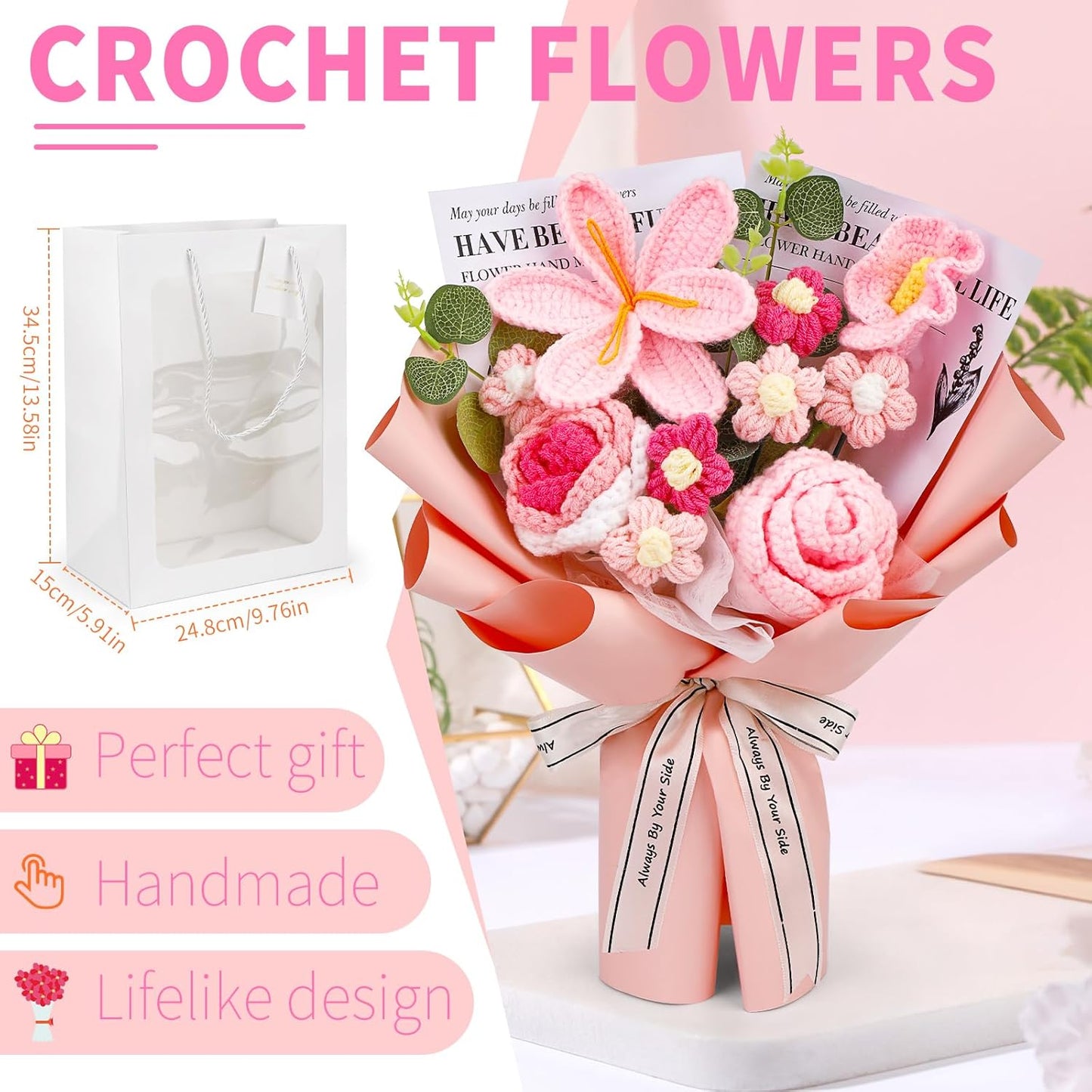 Crochet Flowers Bouquet, Handmade Knitting Crochet Flowers, Tulips Flower and Calla Lily Bouquet for Birthday, Teacher’s Day, Graduation, Valentines (Pink)