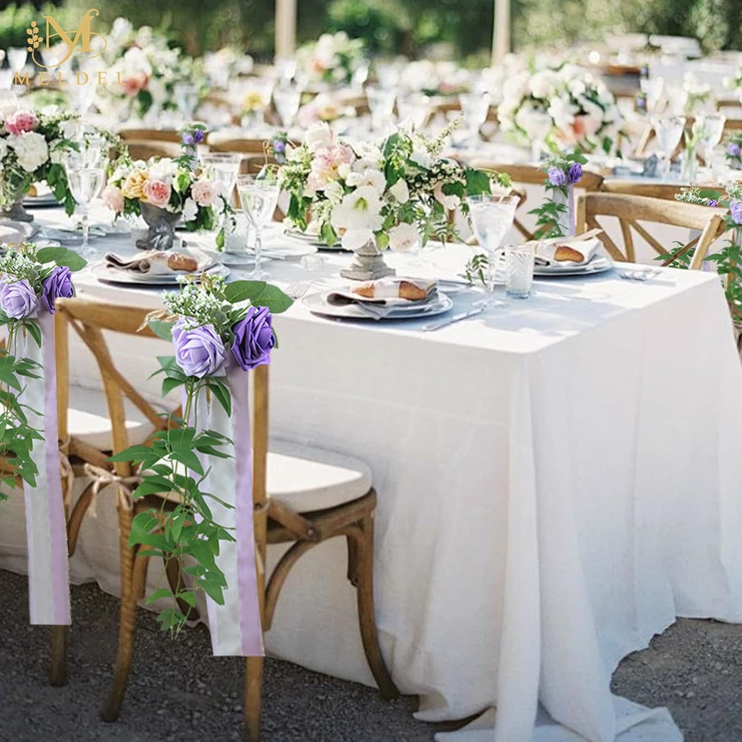 Meldel Wedding Chair Decorations Set of 10 Aisle Artificial Flowers White Puprle Rose Garland with Hanging Ribbons for Ceremony Reception Church Arrangement Party Wedding Decor