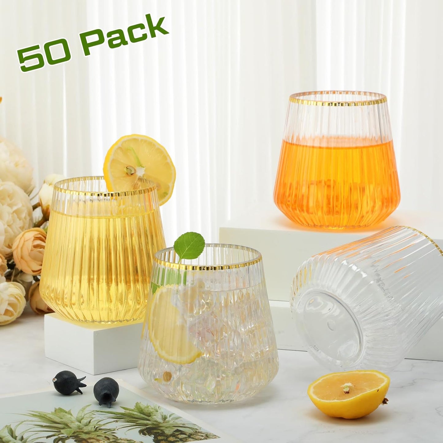 Suclain Plastic Wine Glasses Ribbed Stemless Wine Glasses 14oz Vertical Design Unbreakable Cups for Outdoor Indoor Vintage Elegant Champagne Whiskey Cups for Party Wedding(Clear, Gold,50 Pcs)