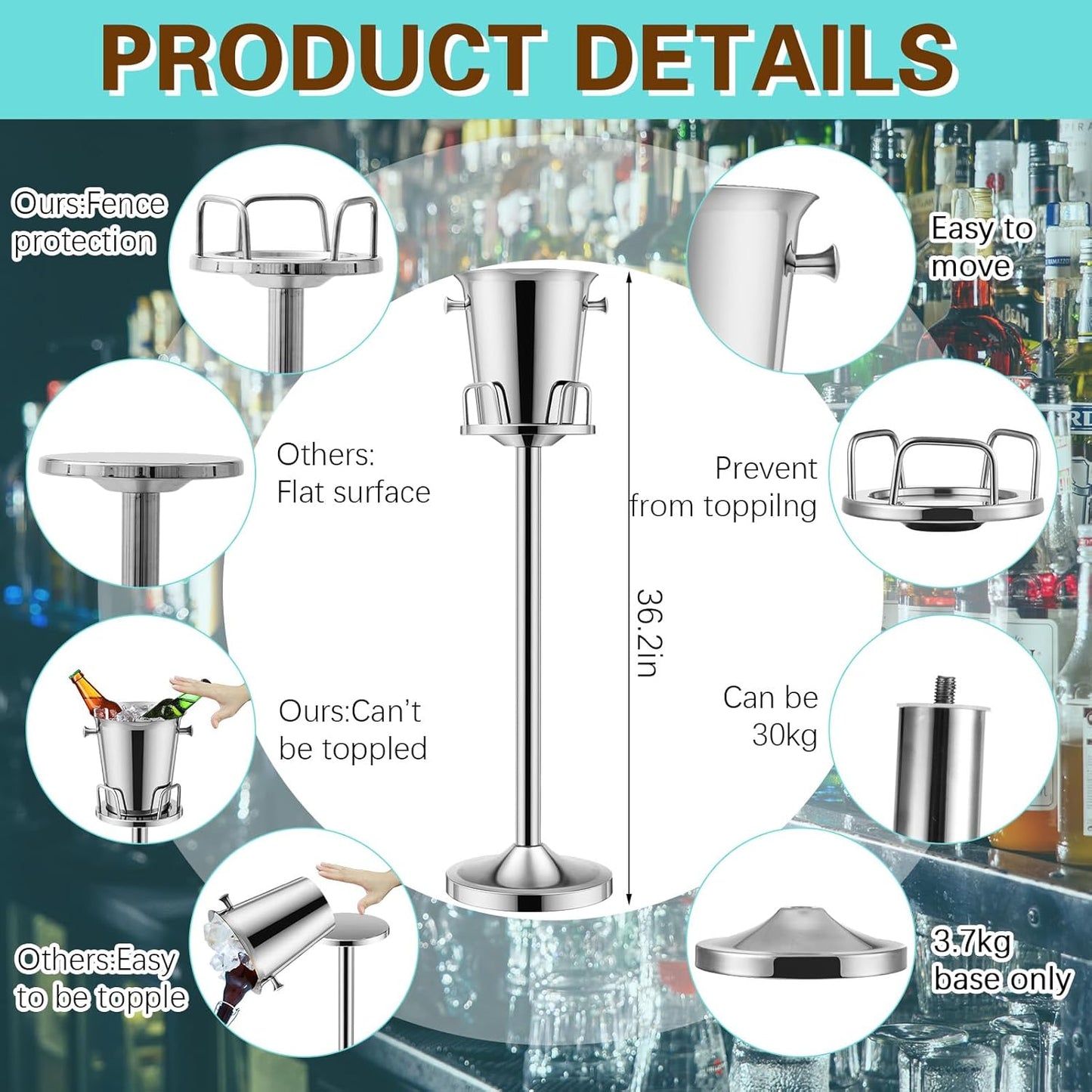 Lallisa 2 Pieces Wine Ice Bucket with Stand Stainless Steel Standing Champagne Ice Bucket Cube Container on Stand for Beer KTV Club Bar BBQ Wedding 35.8in 5L (Silver)