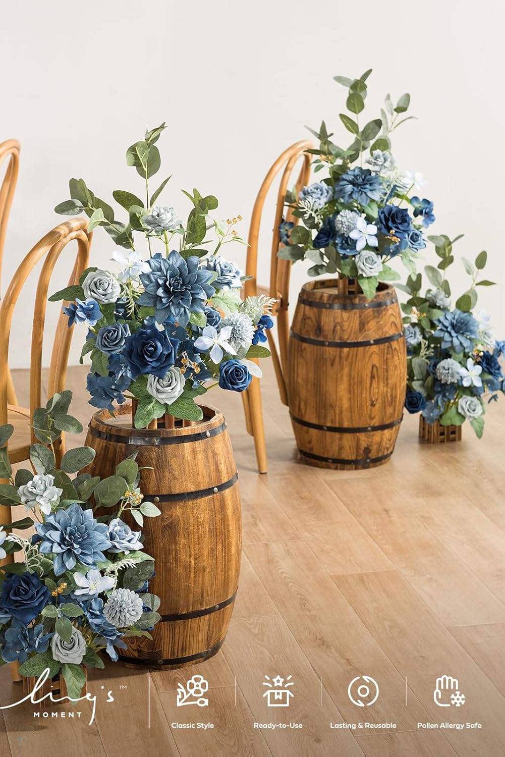 Ling's Moment 17.5" Tall Standing Artificial Flowers Arrangements 4pcs Fall Wedding Aisle Runner Chair Decorations Dusty Blue & Navy Centerpieces for Ceremony Reception Rose Floral Party Outdoor