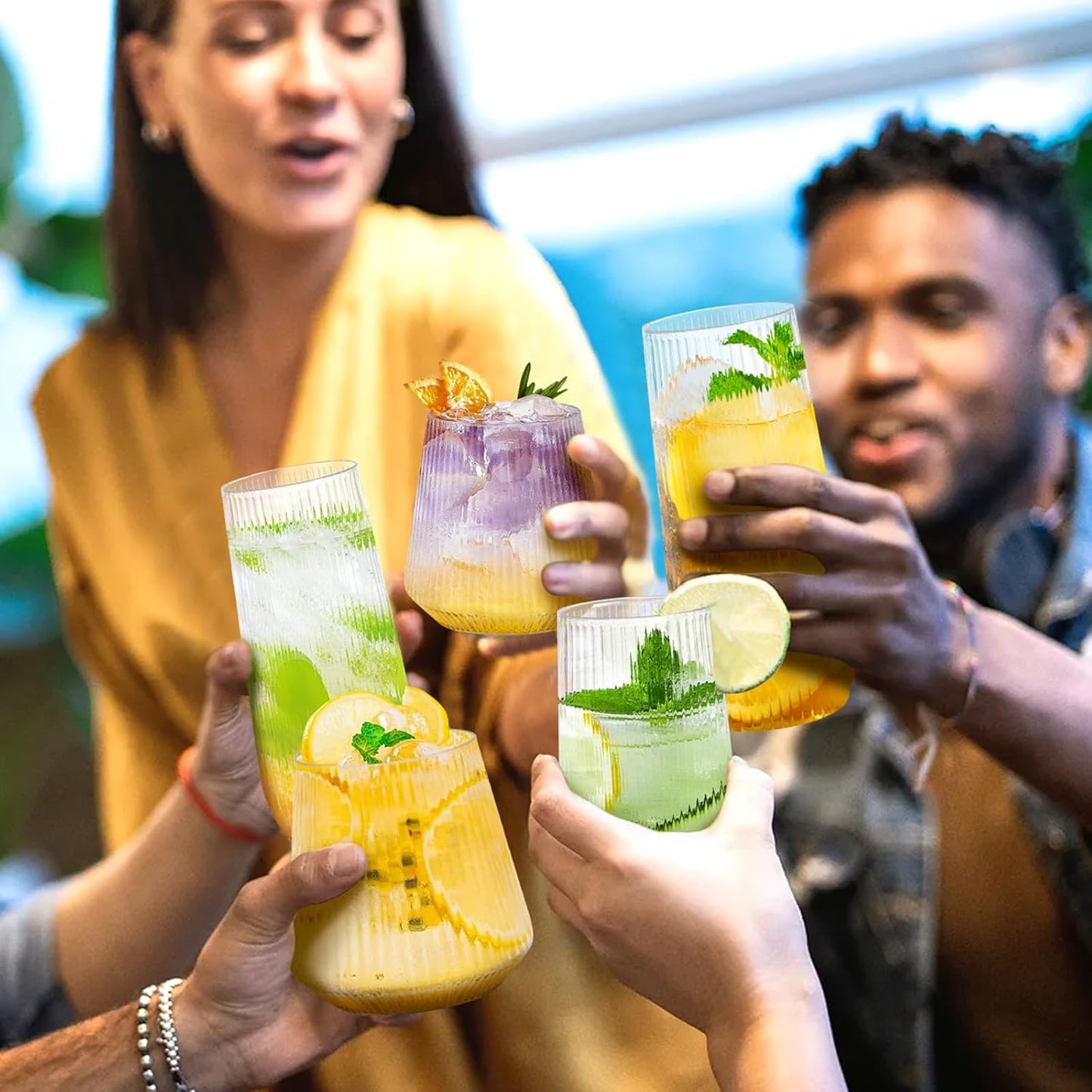 mwellewm 48 Pcs Plastic Wine Glasses Disposable Ribbed Cocktail Cups Set 9 OZ Stemless Champagne Flutes 12 OZ Origami Shatterproof Reusable Clear Party Cup for Wedding Home Office Bar Drinking