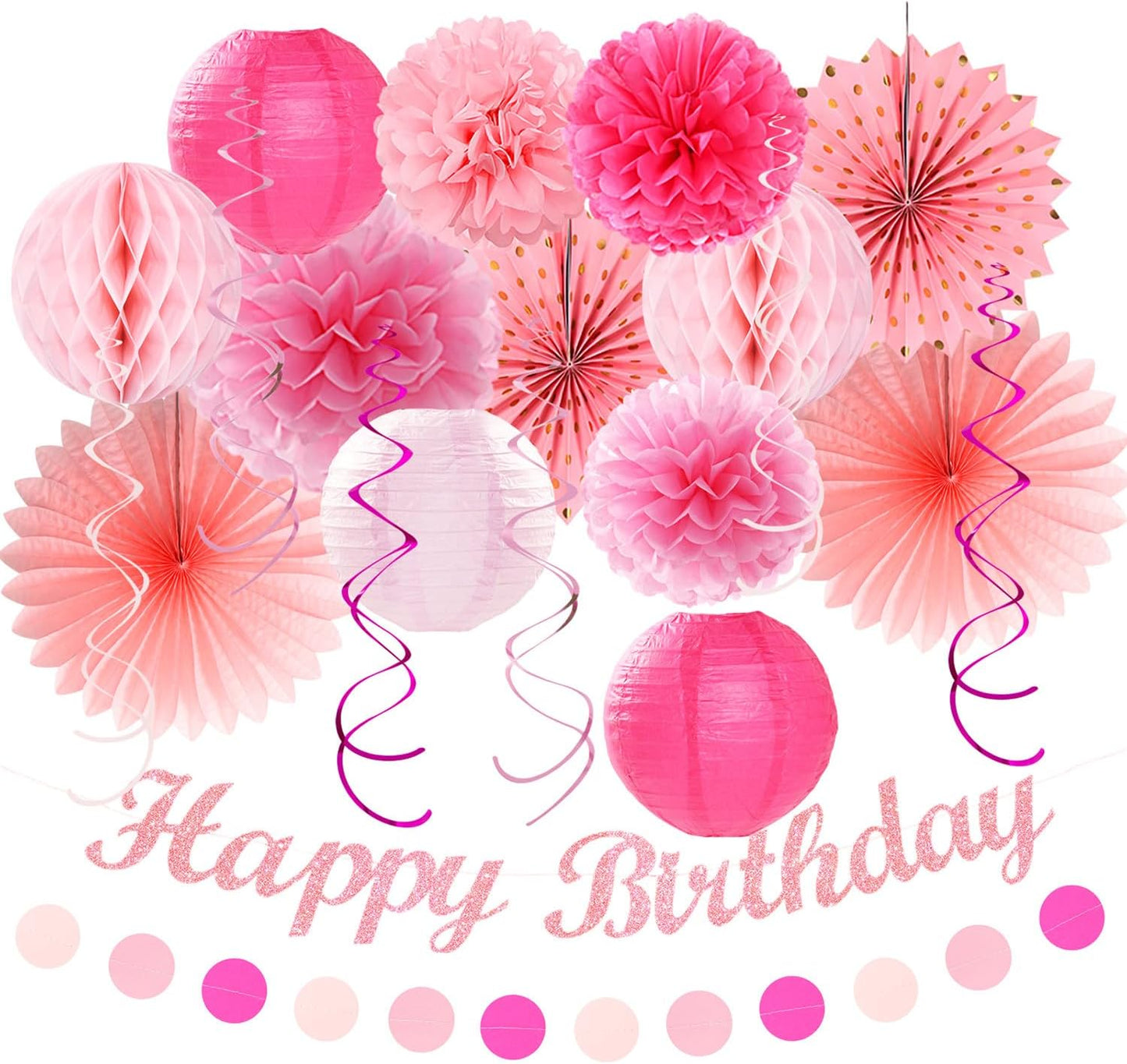 Light Hot Pink Birthday Party-Decorations - 21pcs Girl Happy Banner,Paper Lanterns Honeycomb,Tissue Pom Poms Flower Fan,Hanging Streamers Garland,18th 21st 30th Women Birthday Decor Supplies Huglony