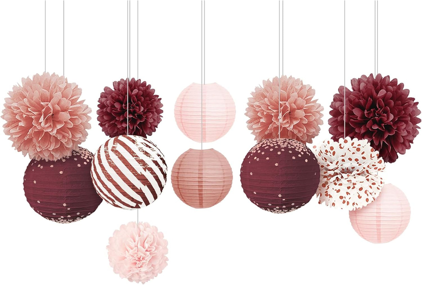 NICROLANDEE Burgundy Party Decorations 12PCS Hanging Paper Lanterns Tissue Pom Poms Decor for Retirement Party Birthday Anniversary Valentines Day Decorations