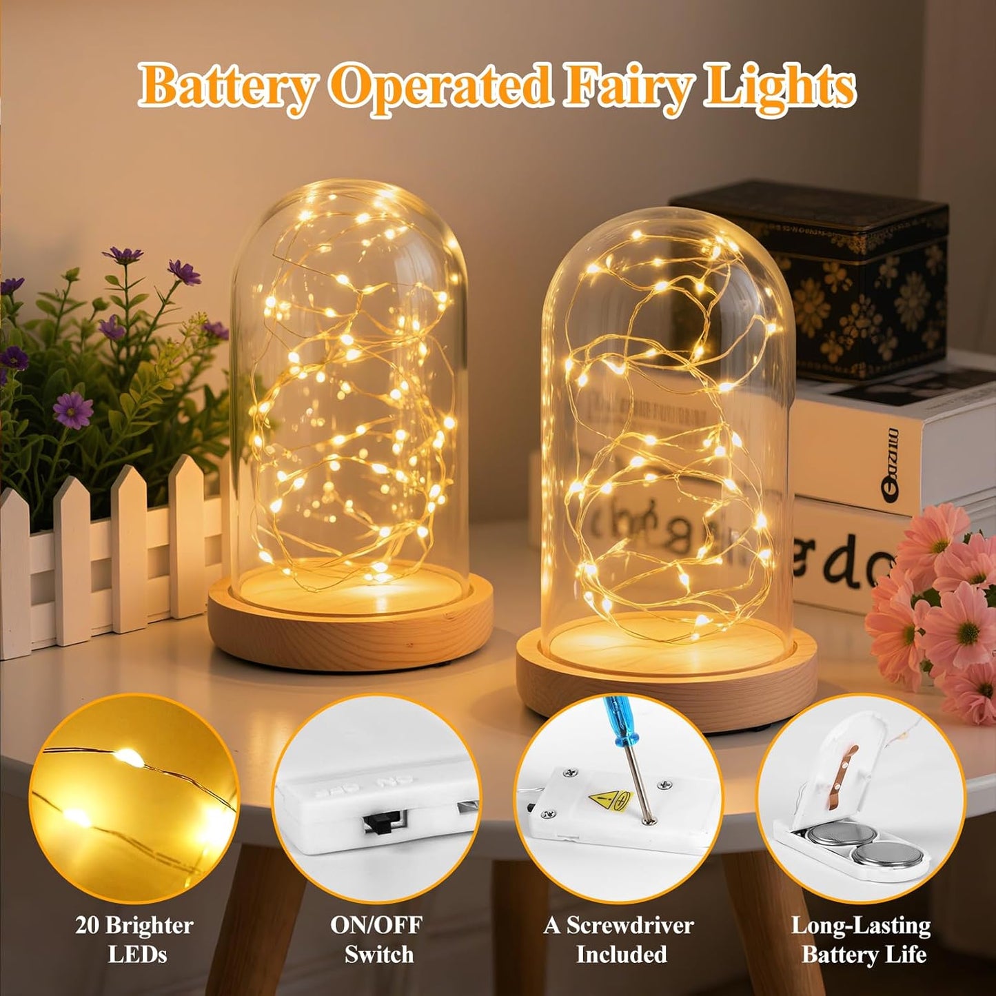 Lakumu 20 Pack Fairy Lights Battery Operated -7FT 20LED String Lights Waterproof Silver Wire Firefly Starry Moon Lights for DIY Christmas Decorations Party Wedding Centerpiece Table Decor, Warm White