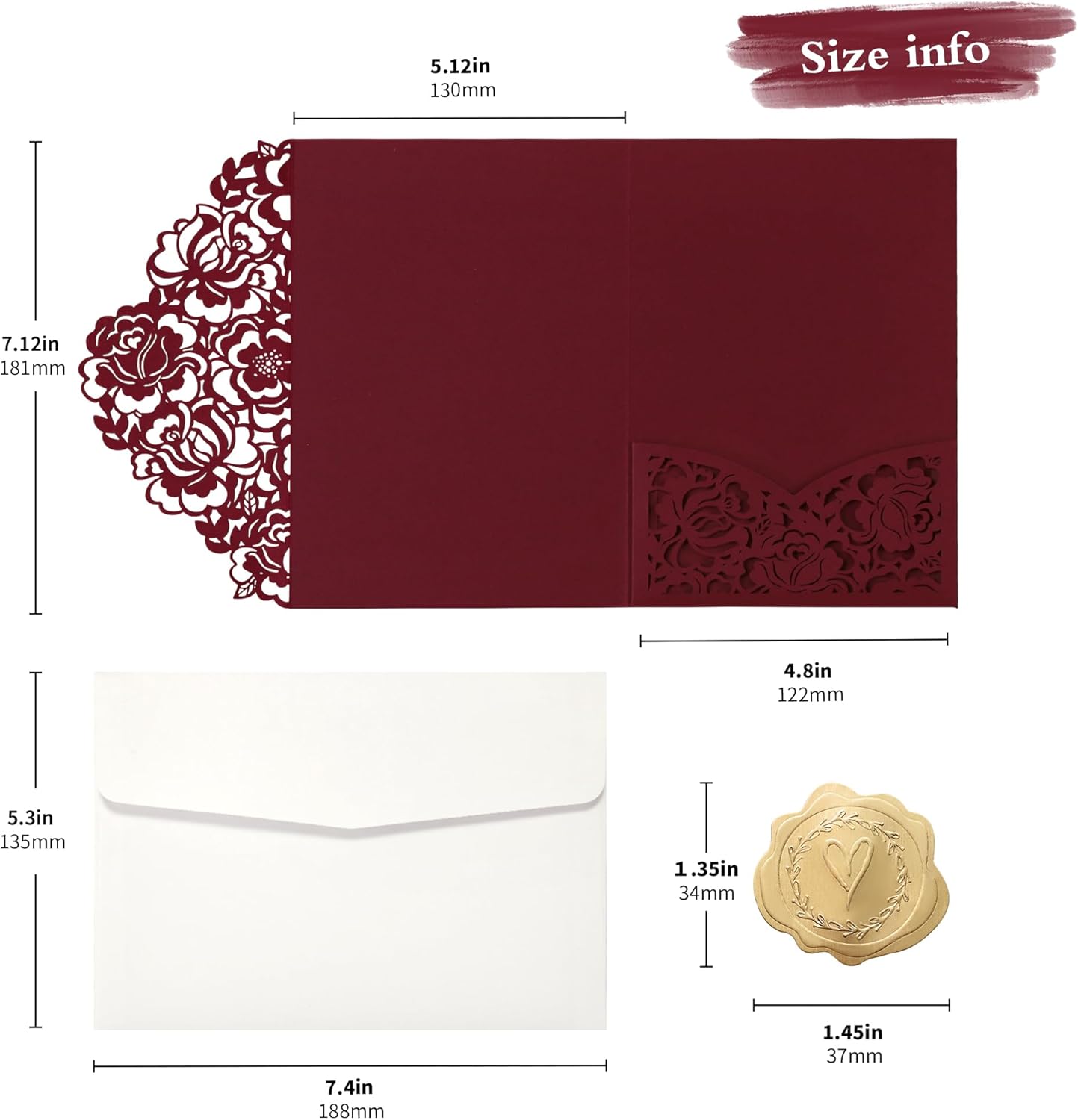 DORIS HOME 50pcs Laser Cut Wedding Invitation Pockets with Envelopes Burgundy, 5.12" x 7.12"Invitation Cards for Wedding, Anniversary (No Inserts Included)