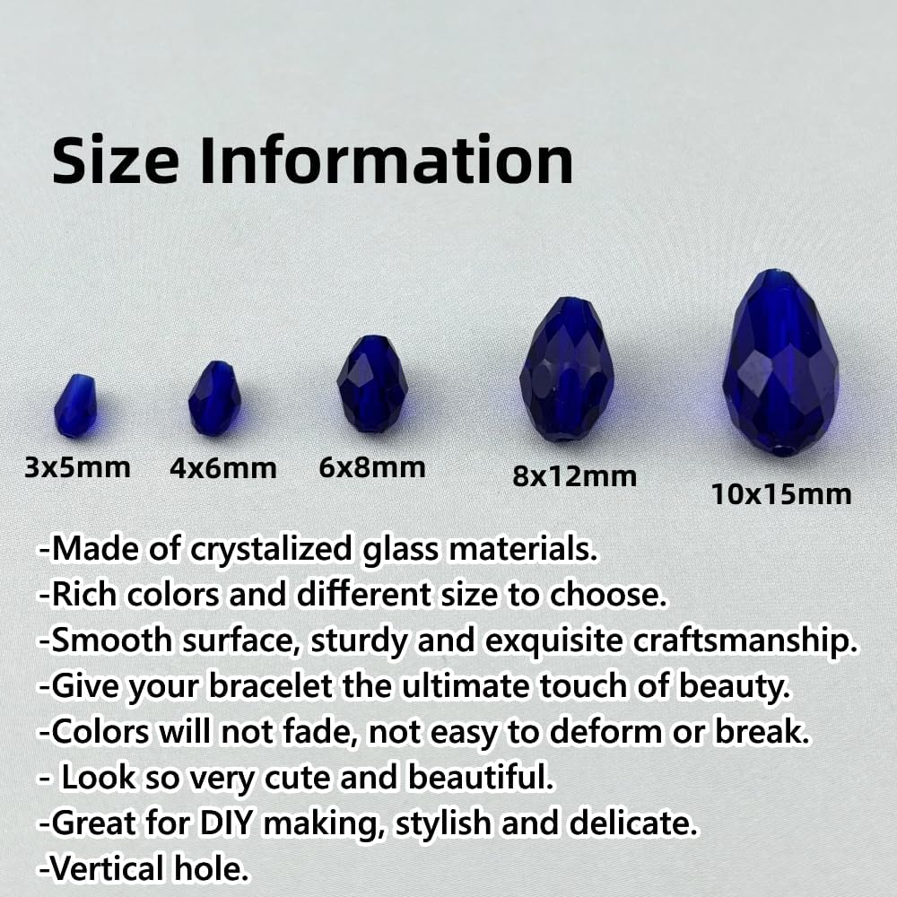200pcs 3x5mm Teardrop Crystal Glass Beads for Jewelry Making, Faceted Vertical Hole Teardrop Glass Spacer Beads for Wind Chimes Bracelet Earring Necklace DIY Craft(Dark Blue)