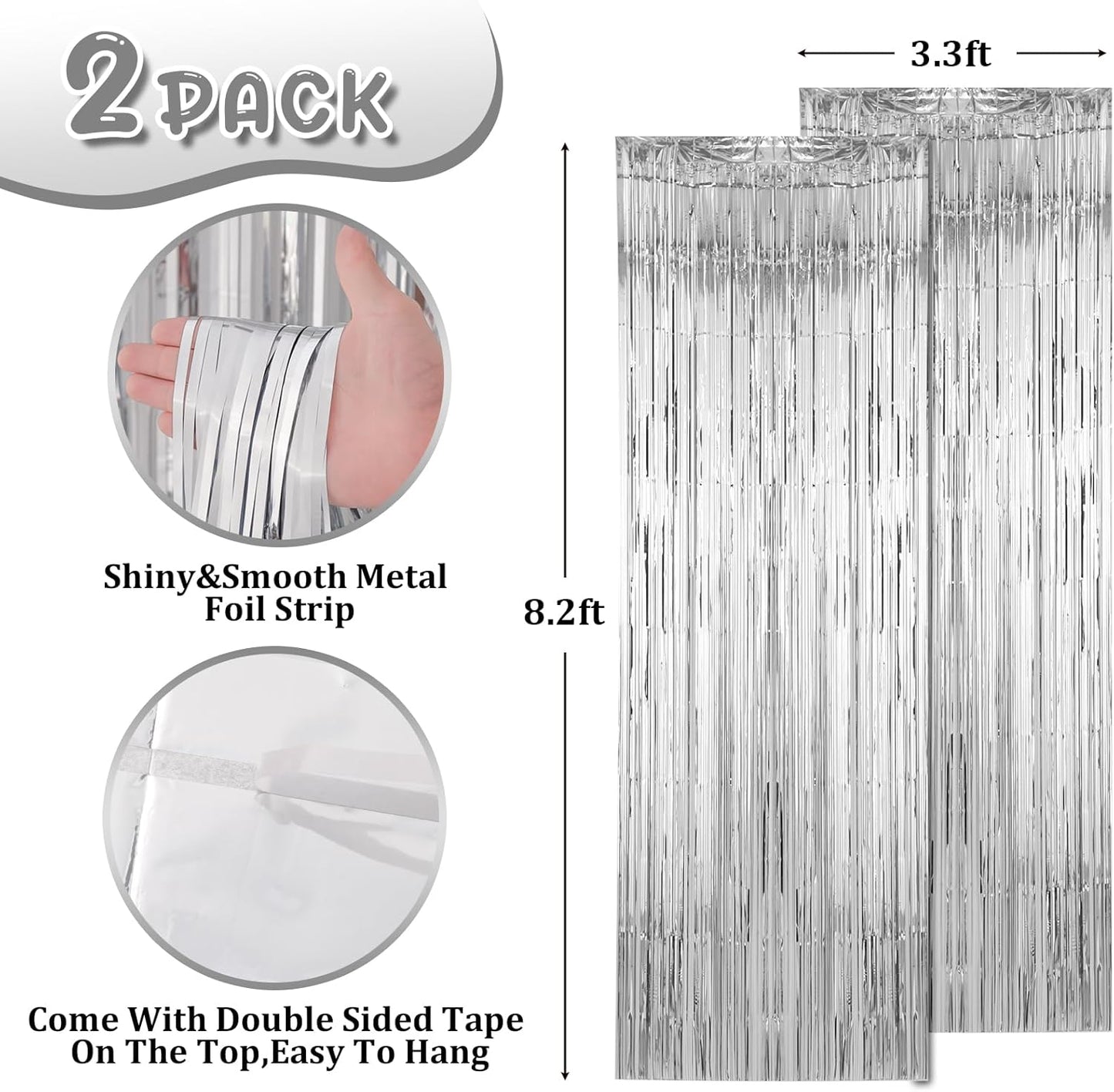 2 Pack Silver Foil Fringe Backdrop Curtains, Tinsel Streamers Birthday Party Decorations, Fringe Backdrop for Graduation, Baby Shower, Gender Reveal, Disco Party