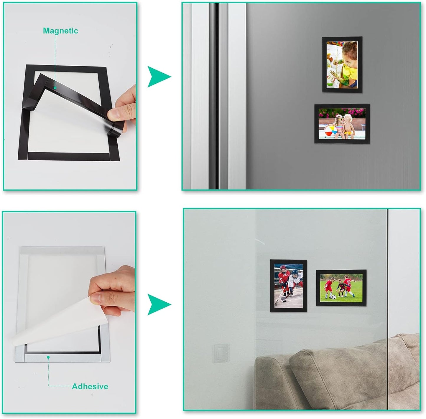 CRUGLA 4x6 Magnetic Picture Frames for Refrigerator 12 Packs, Modified Magnetic Sheet with Self Adhesive Backing, Black 4 by 6 Photo Frame Set for Locker Glass Window Door Cubicle