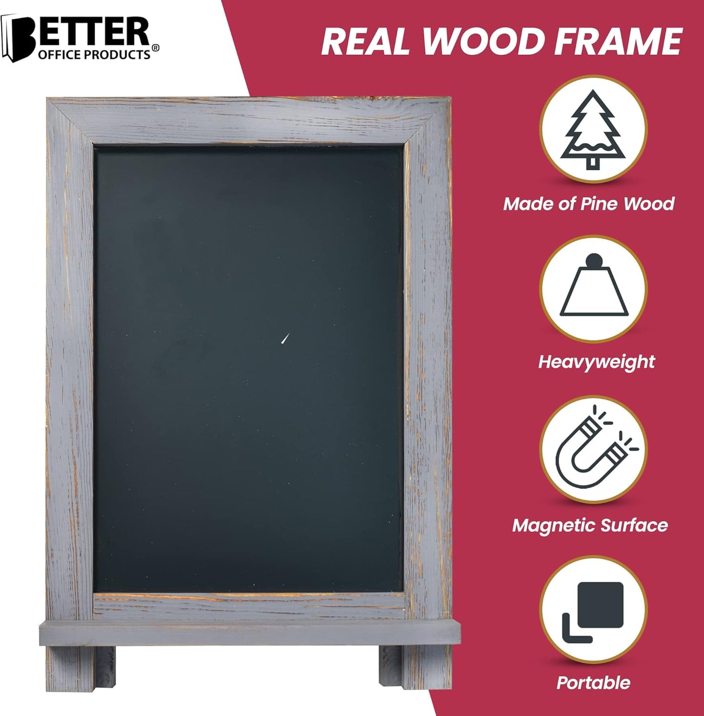 Better Office Products Framed Tabletop Chalkboard Sign, 9.5" x 14", Rustic Wood Frame, Small Magnetic Chalkboard with Built-in Ledge and Folding Stand, One White Chalk Marker Included,(Gray wash)