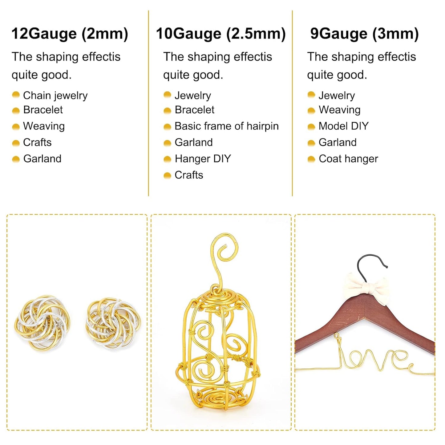 BENECREAT 10 Gauge Jewelry Craft Aluminum Wire 80 Feet Bendable Metal Sculpting Wire for Craft Floral Model Skeleton Making (Gold, 2.5mm)