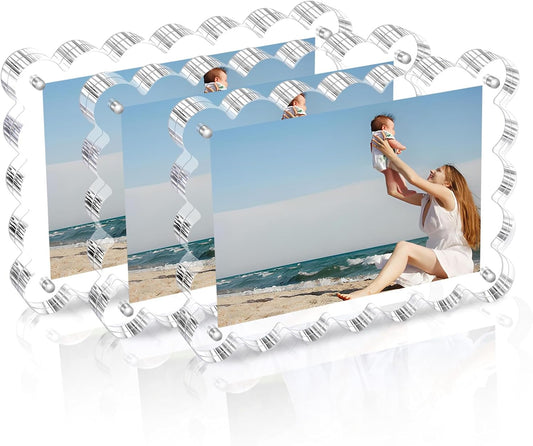 3 Pack Acrylic Picture Frame: 4x6inch Magnetic Picture Frames, Double Sided Magnet Frames,10+10mm Thick Block, Clear Photo Scalloped Frames Freestanding for Desktop Display (Clear, 4X6)