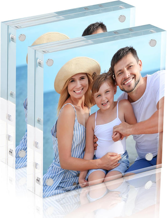 HOUSE DAY Acrylic Picture Frames 4x4, 2 Pack Magnetic 4 x 4 Picture Frame, Double Sided Clear 4x 4 Photo Frame with Microfiber Cloth, Frameless FreeStanding 4x4 Frame Gift for Desktop Display