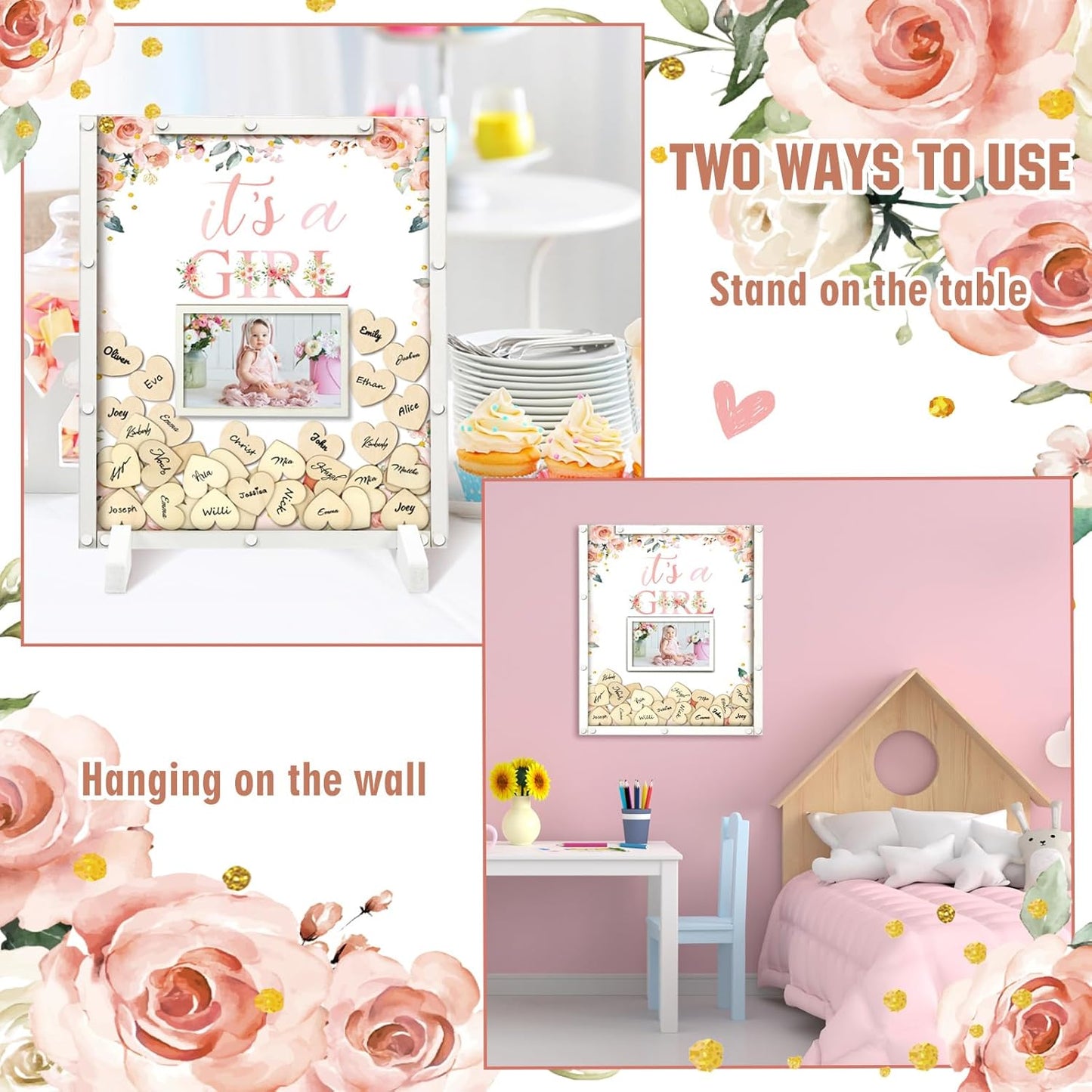 65 Pcs Baby Shower Guest Book Decorations Baby Shower Sign in Guest Book Alternatives Floral It's a Girl Decorations with Photo Frame and 60 Wood Slices Keepsakes for Guests