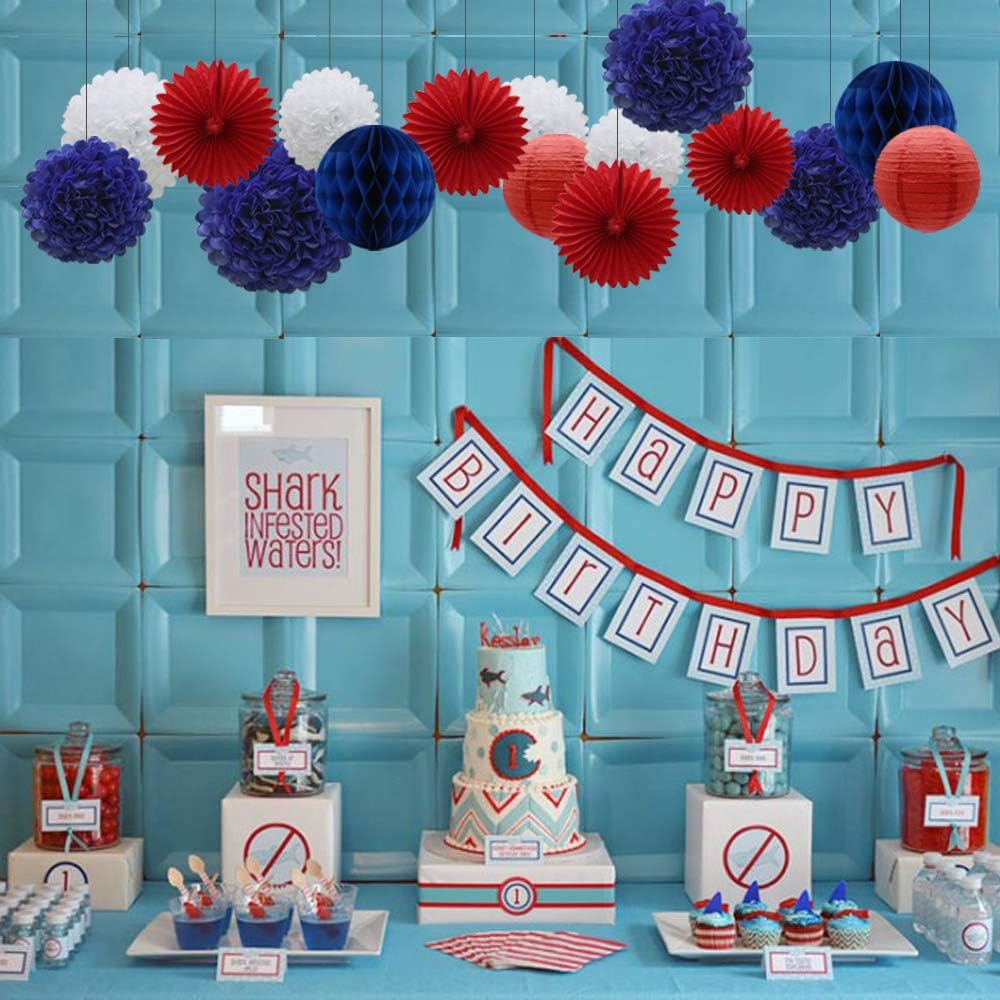 Navy Blue Red White Party Decorations 16pcs Paper Pom Poms Honeycomb Balls Lanterns Tissue Fans for 4th of July Day Patriotic Shake Theme Birthday Graduation Nurse Party